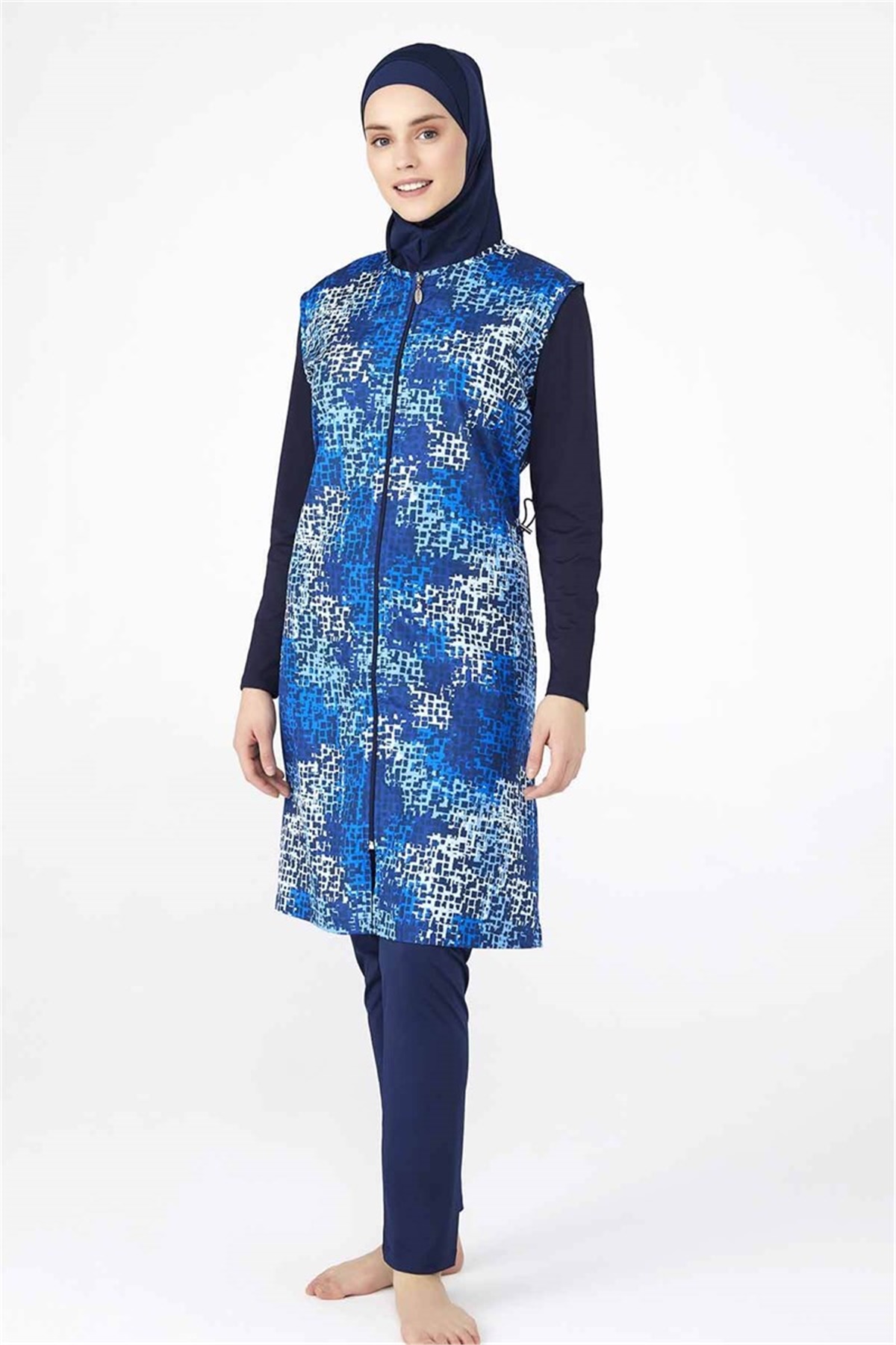 Mavi Kare Detaylı Büyük Beden Tesettür Mayo T0315