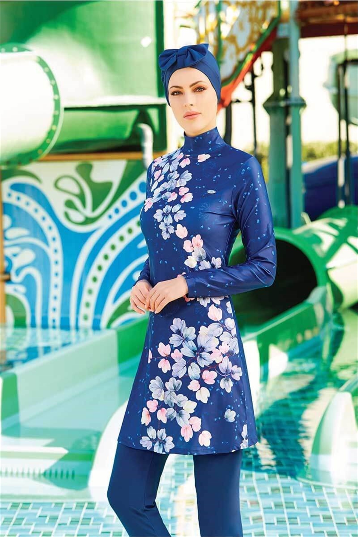 Modern Çiçek Tasarım Lacivert Tesettür Mayo Adasea 14118