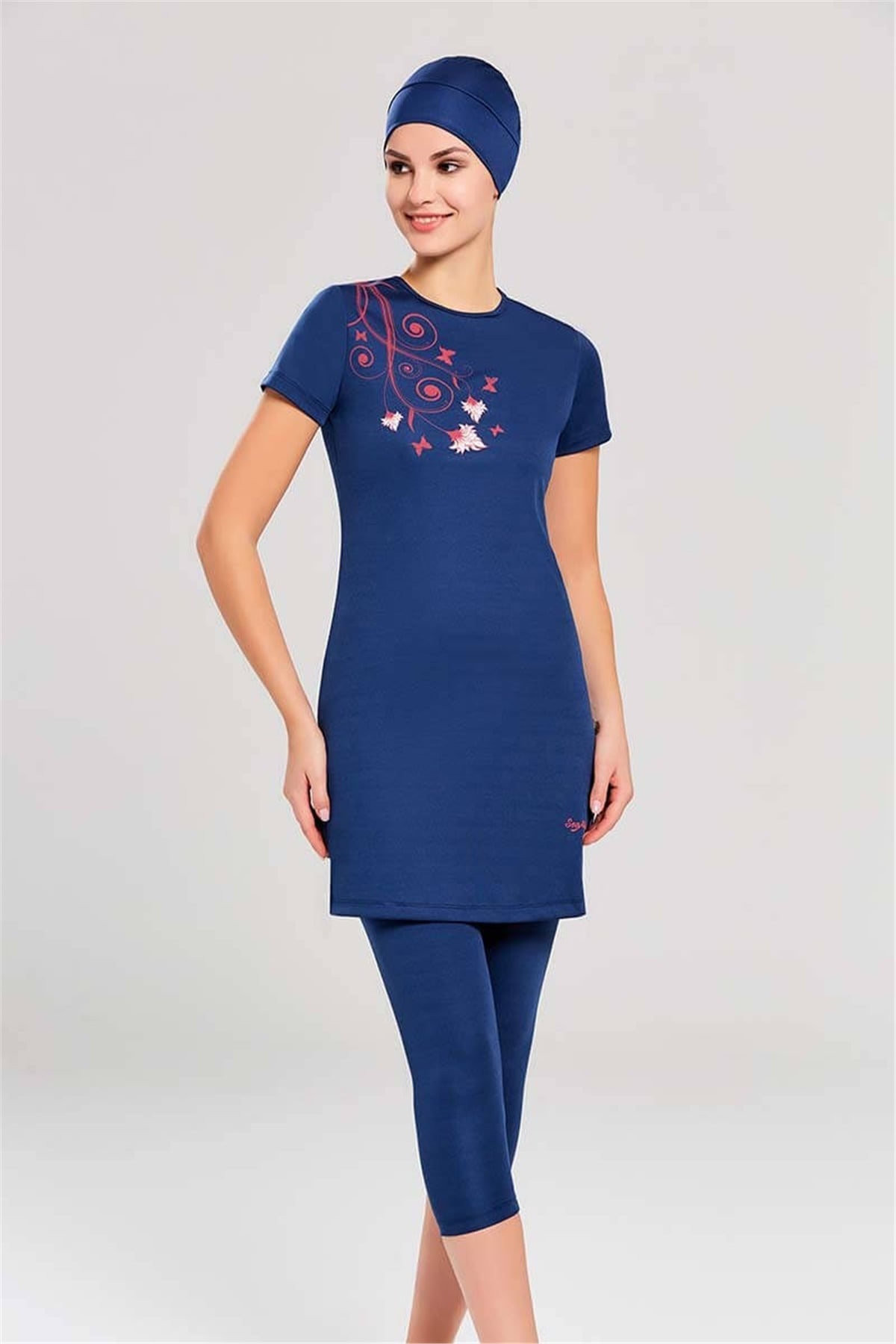 Omuz Detaylı Lacivert Kısa Kol Yarı Kapalı Mayo