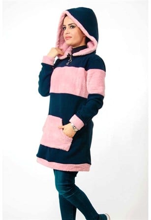 Önden Cepli Lacivert Pudra Kalın Sweatshirt