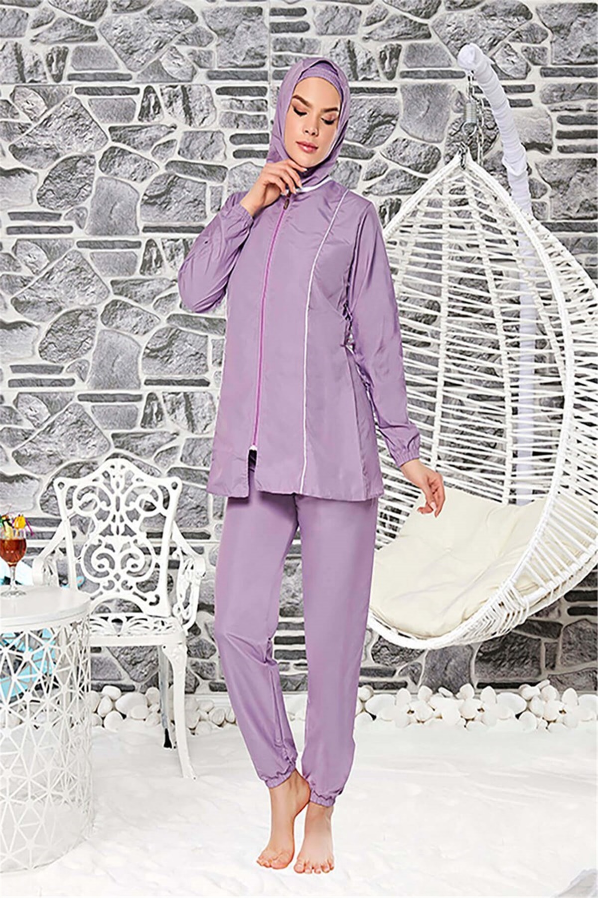 Outlet Ucuz Tesettür Mayo, Lila Tam Kapalı Mayo T20134