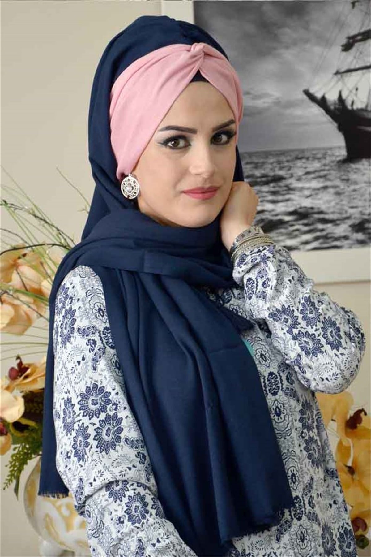 Pudra Lacivert Burgu Bone Hazır Şal bnd3018