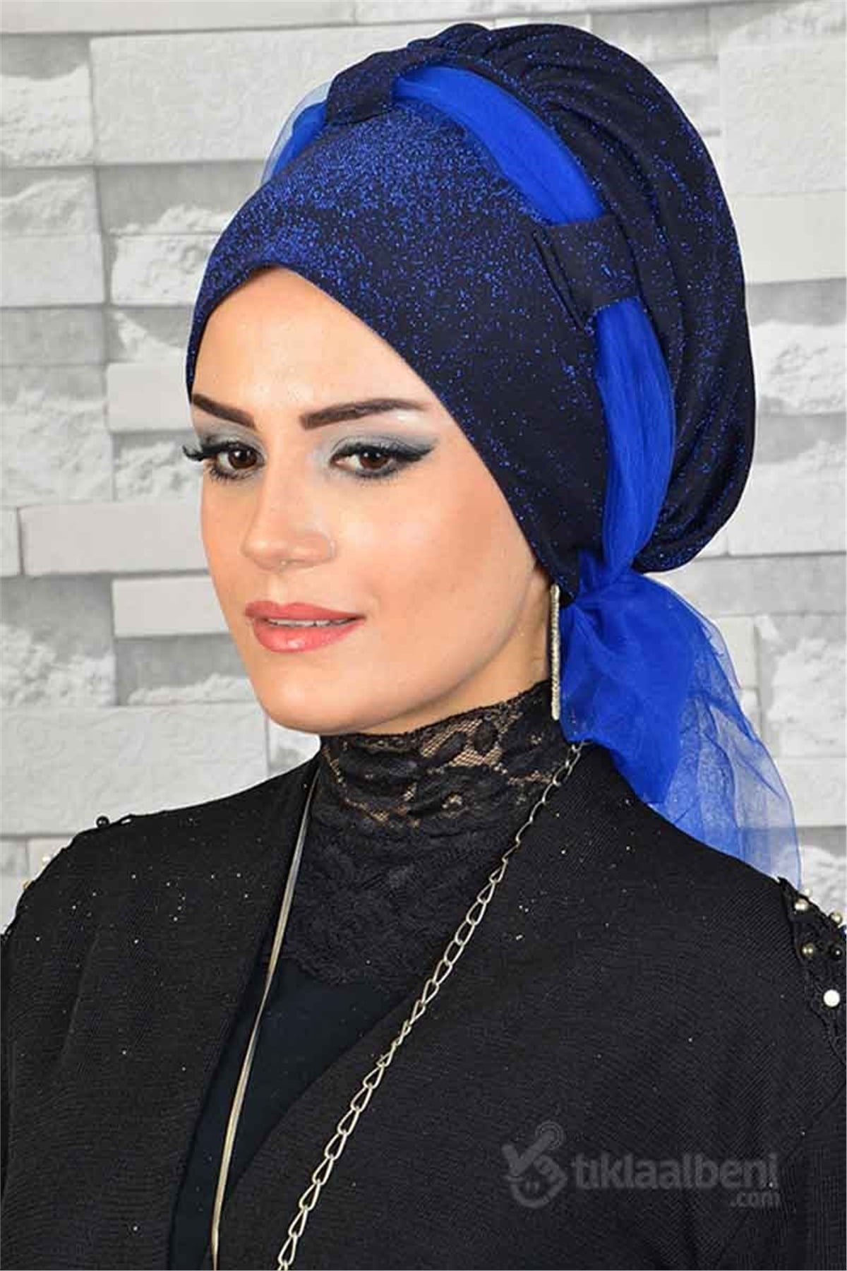 Saks Mavi Lacivert Simli Biritli Abiye Tesettür Bone bna024