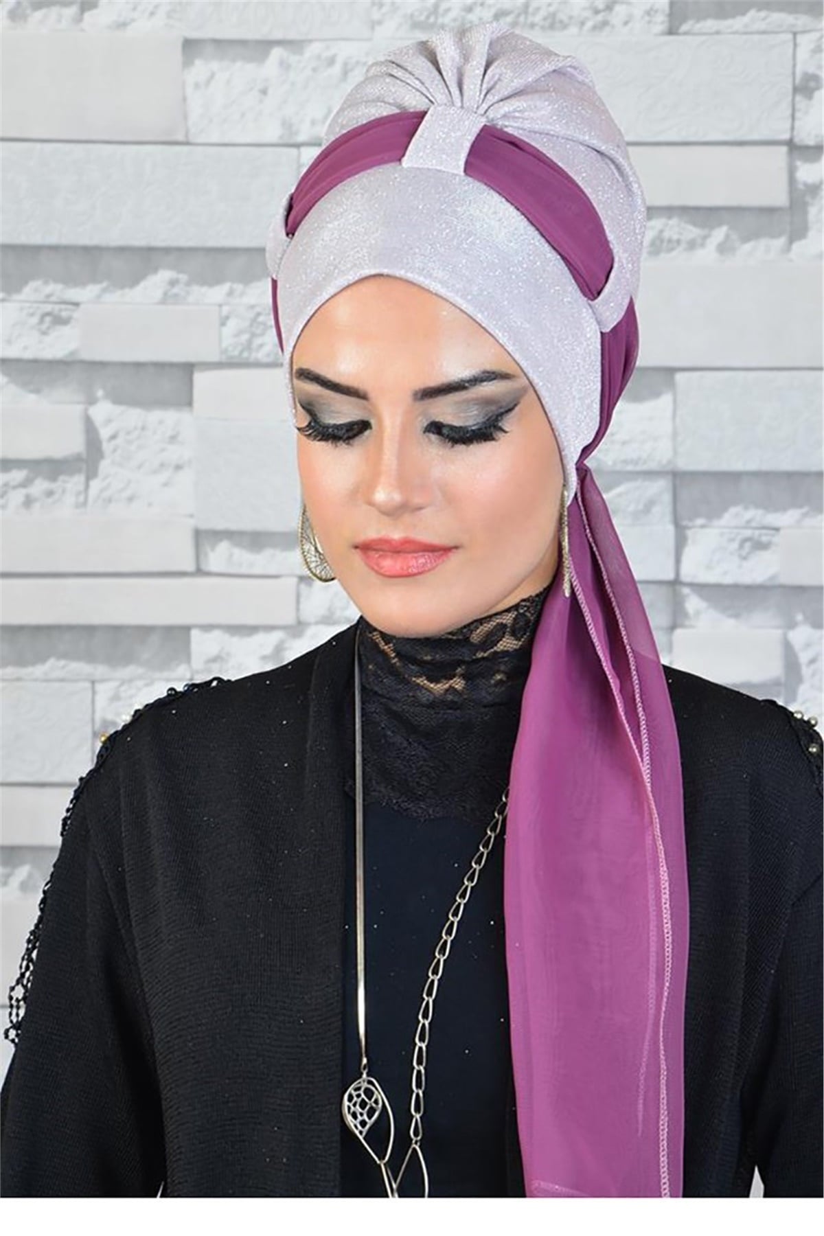 Simli Buz Beyazı Fularlı Bone Fuşya Detaylı