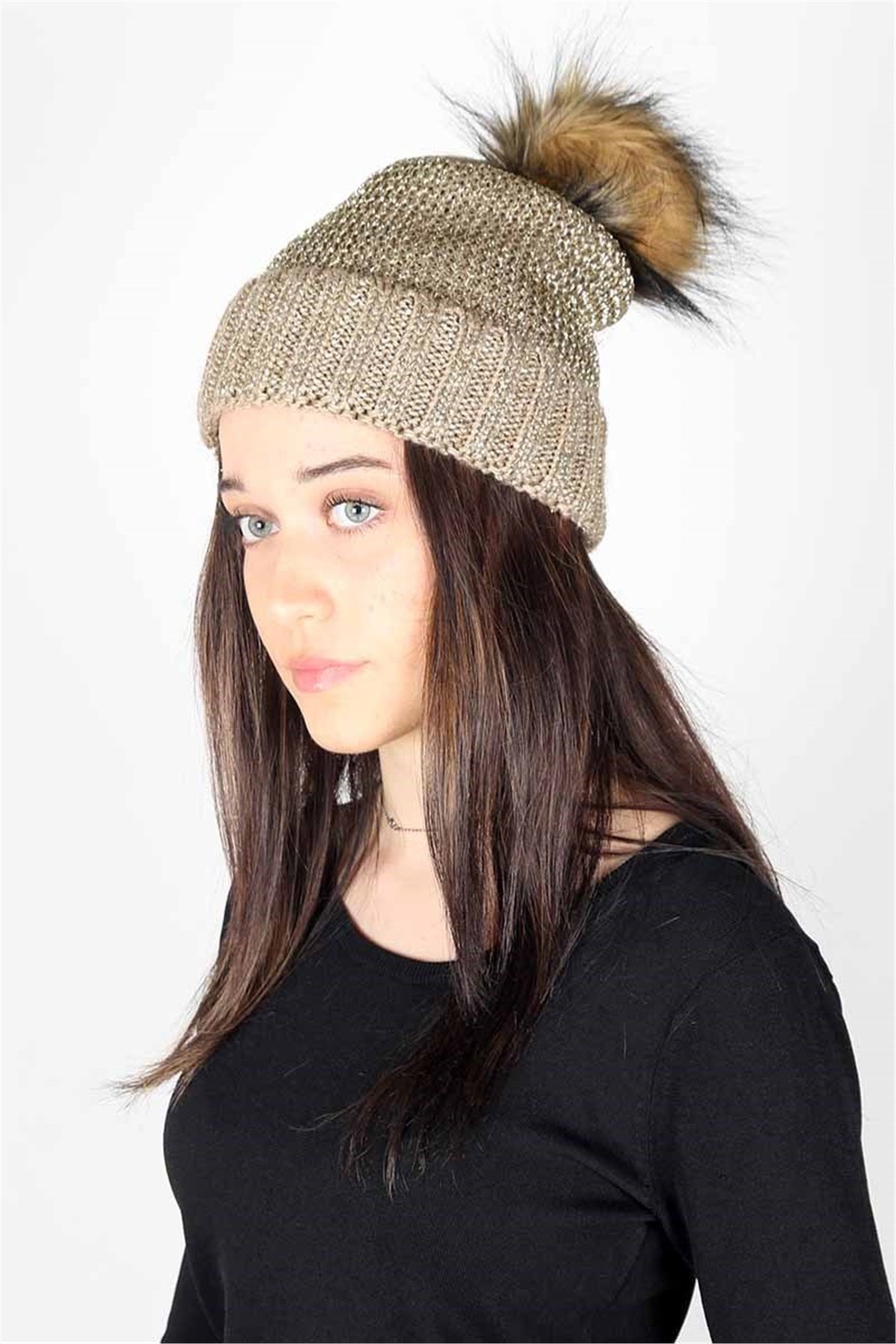 Simli, İp File Örgü Kadın Bere KFB12505 Altın