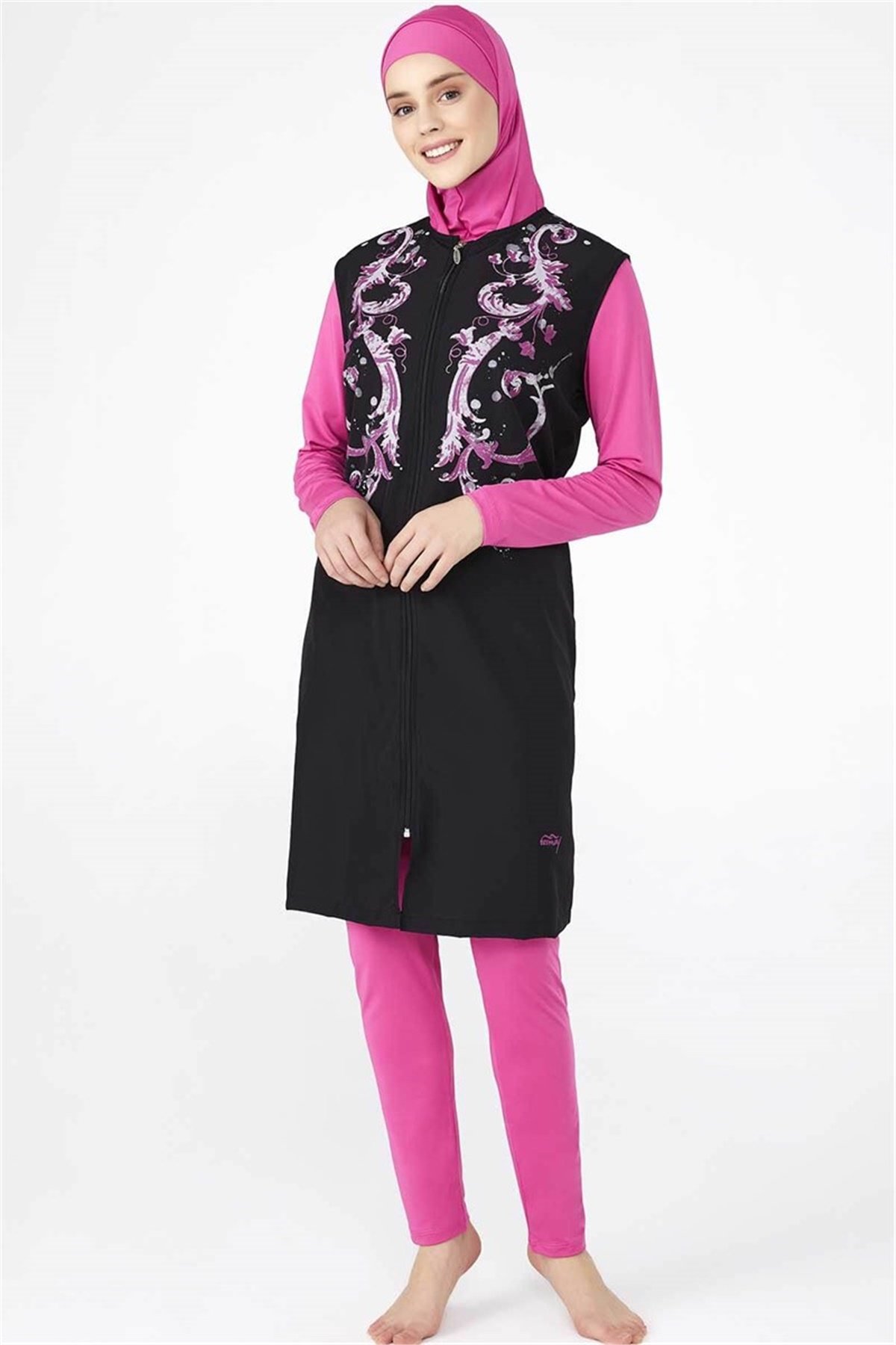 Siyah Yelekli Fuşya Tesettür Mayo T0405