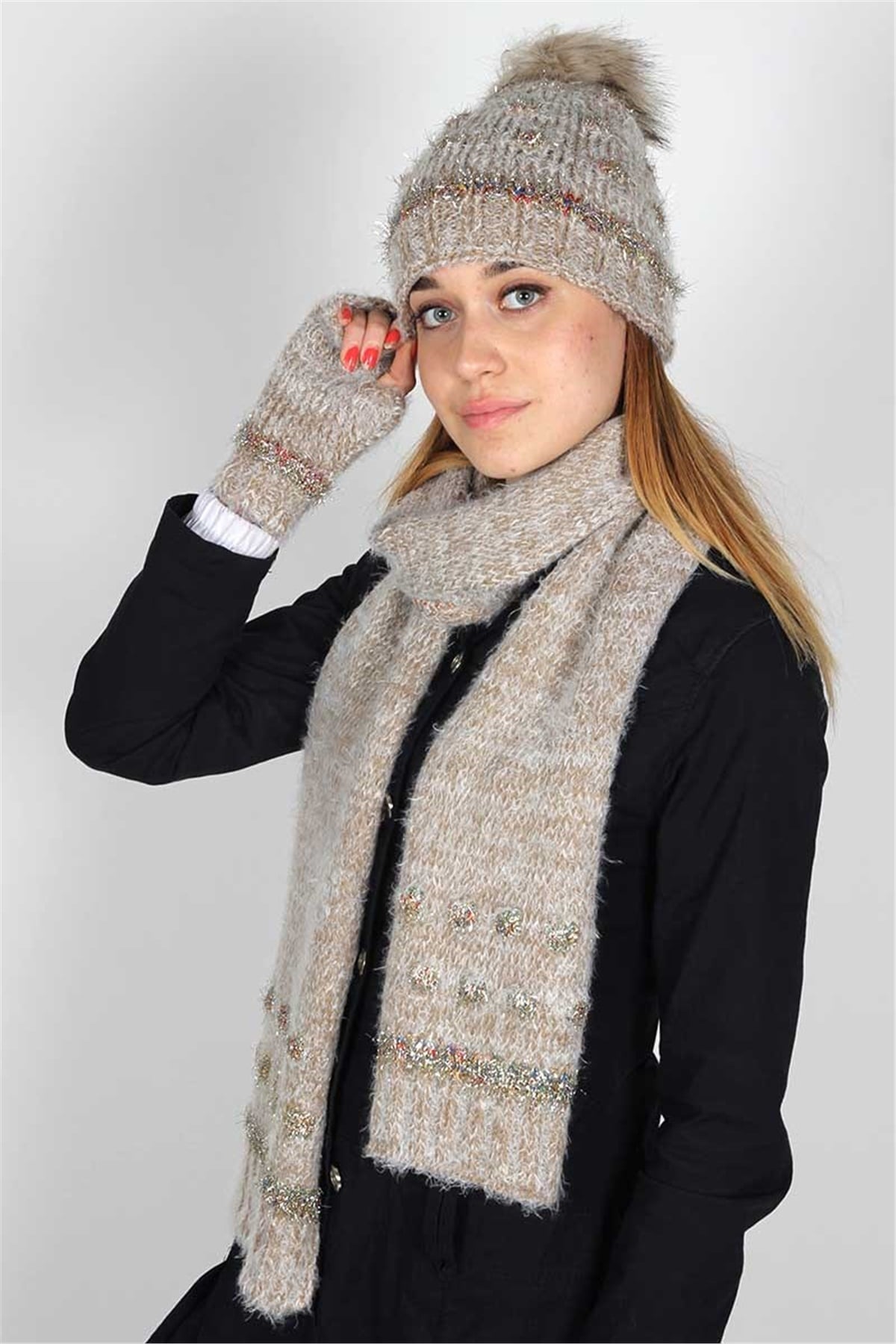 Soft Kadın Atkı Bere Eldiven Seti  Exclusive Serisi  30201 - Bej