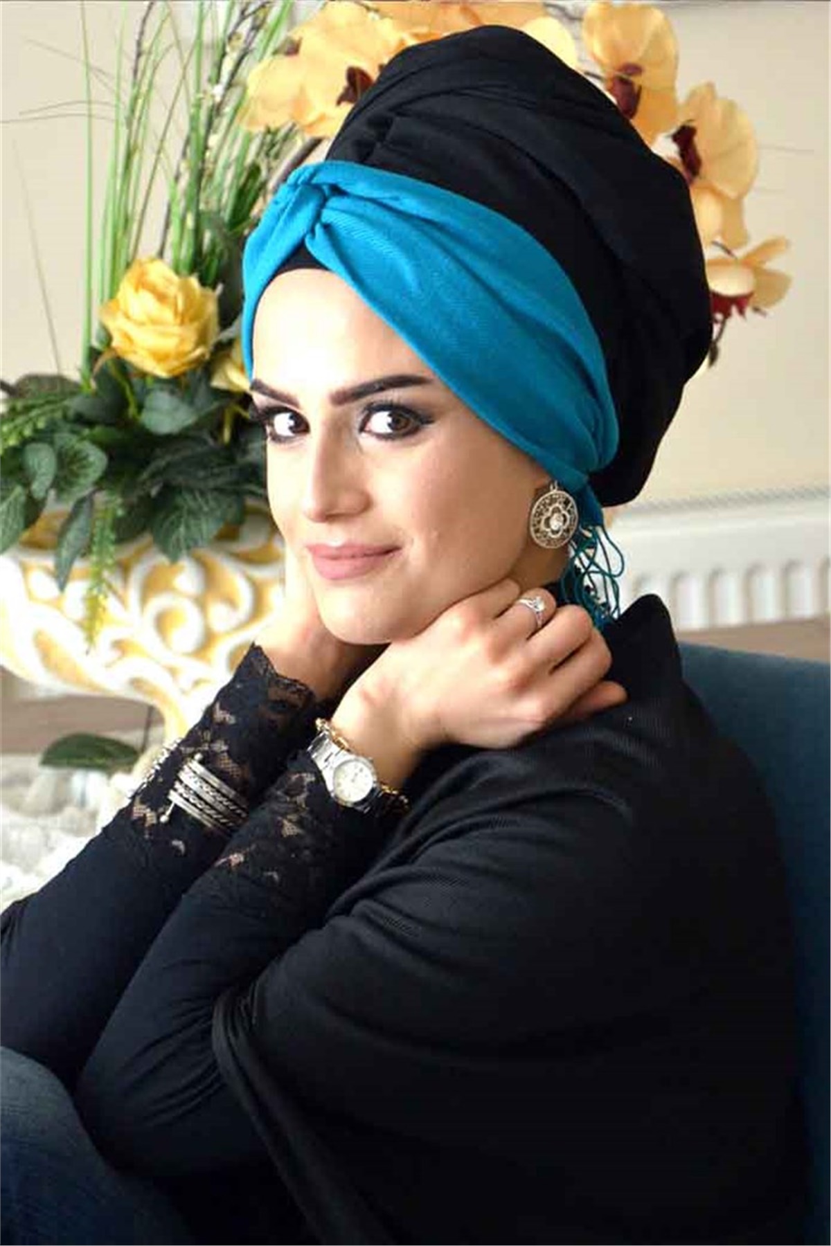 Turkuaz Siyah Burgu Bandana Pratik Hazır  Şal BND3006