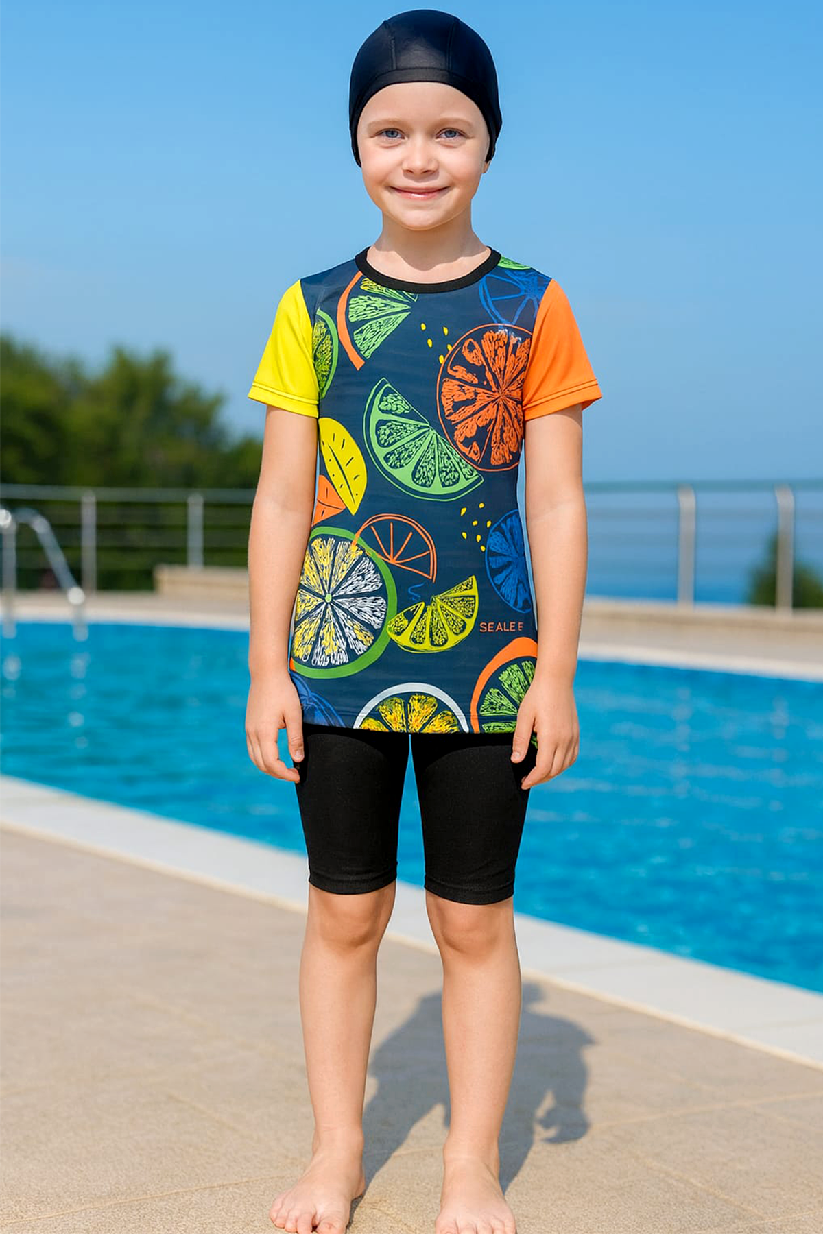 Veros VRS1154, Kısa Kollu Kız Çocuk Limon Desenli Mayo