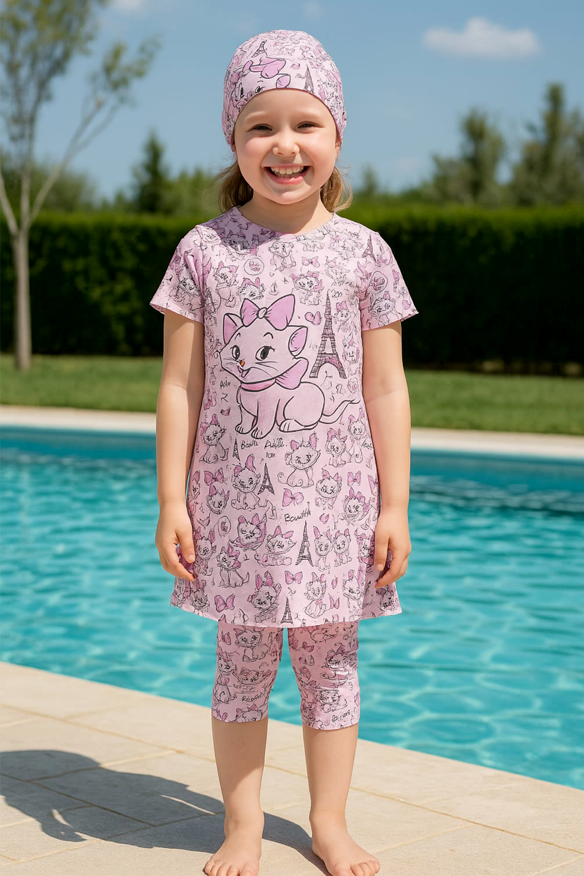 Veros VRS1158 Pembe Kedili Kız Çocuk Mayo, Kısa Kollu Taytlı Çocuk Mayo