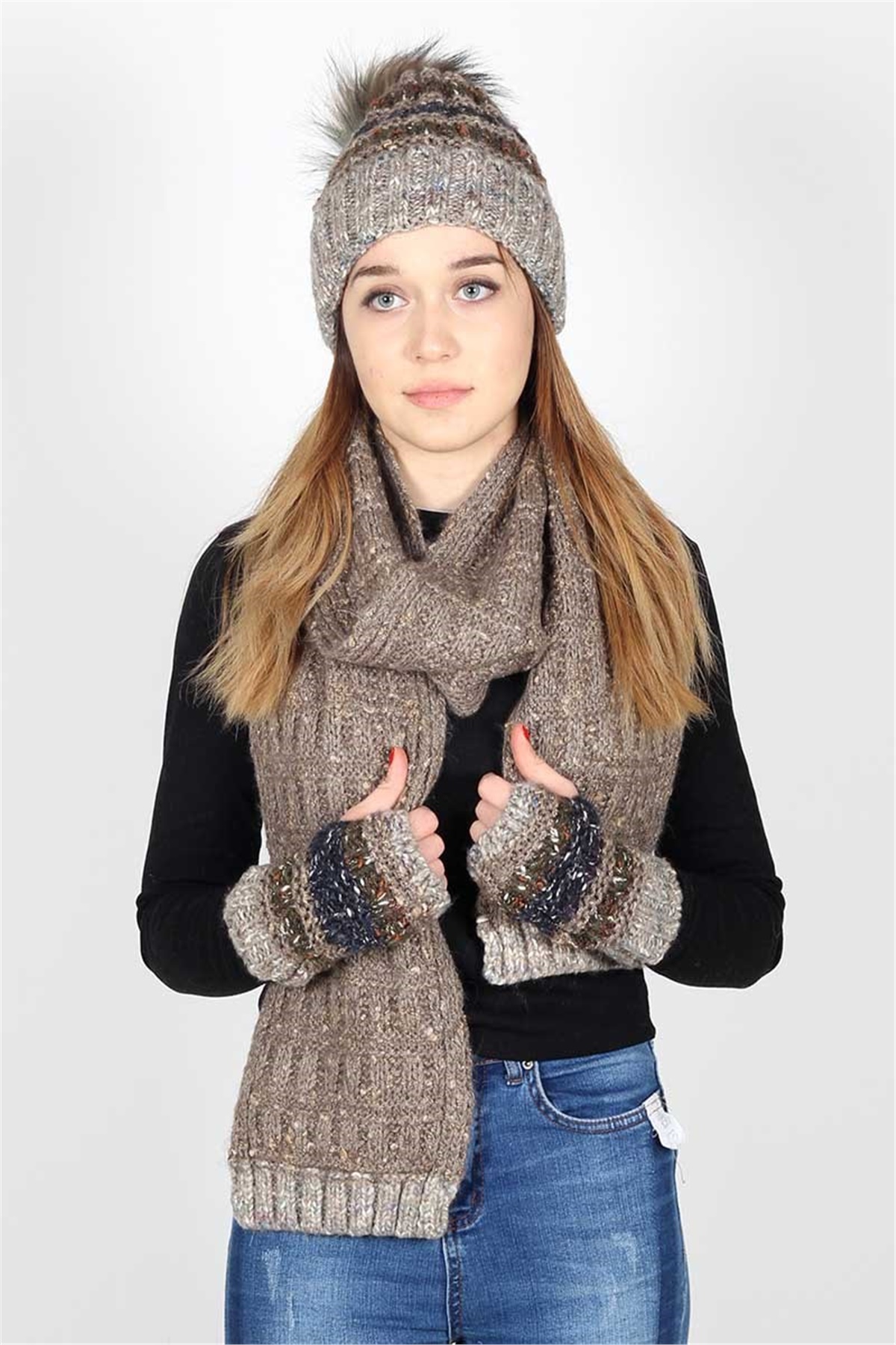 Weft Bej Kadın Atkı Bere Eldiven Takımı 13078 Exclusive Serisi 