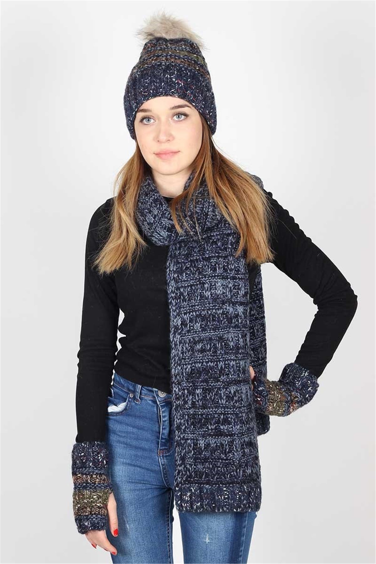 Weft Kadın Lacivert Atkı Bere Eldiven Takımı 13078 Exclusive Serisi 