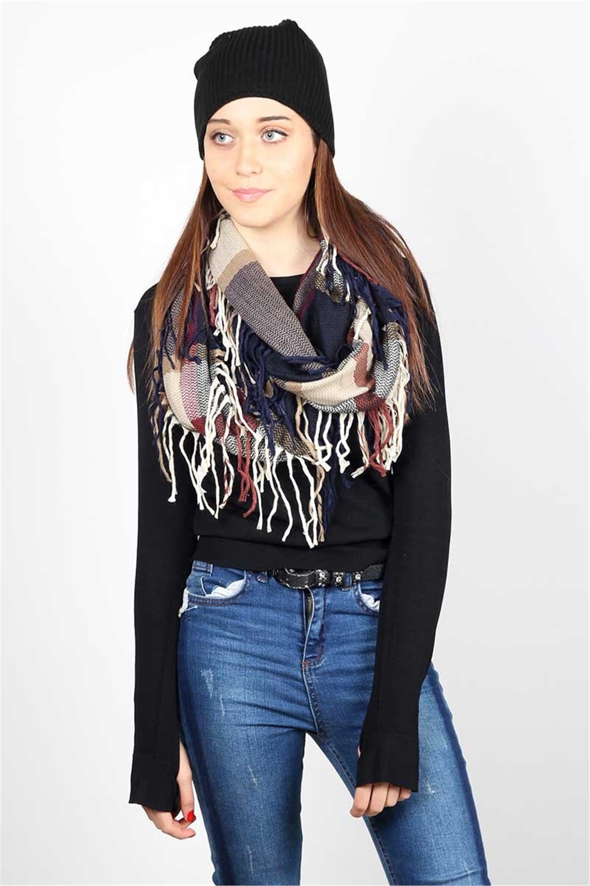 Yeni Sezon Geniş Ekose Tarzı Zara Boyunluk ZB556012 Lacivert