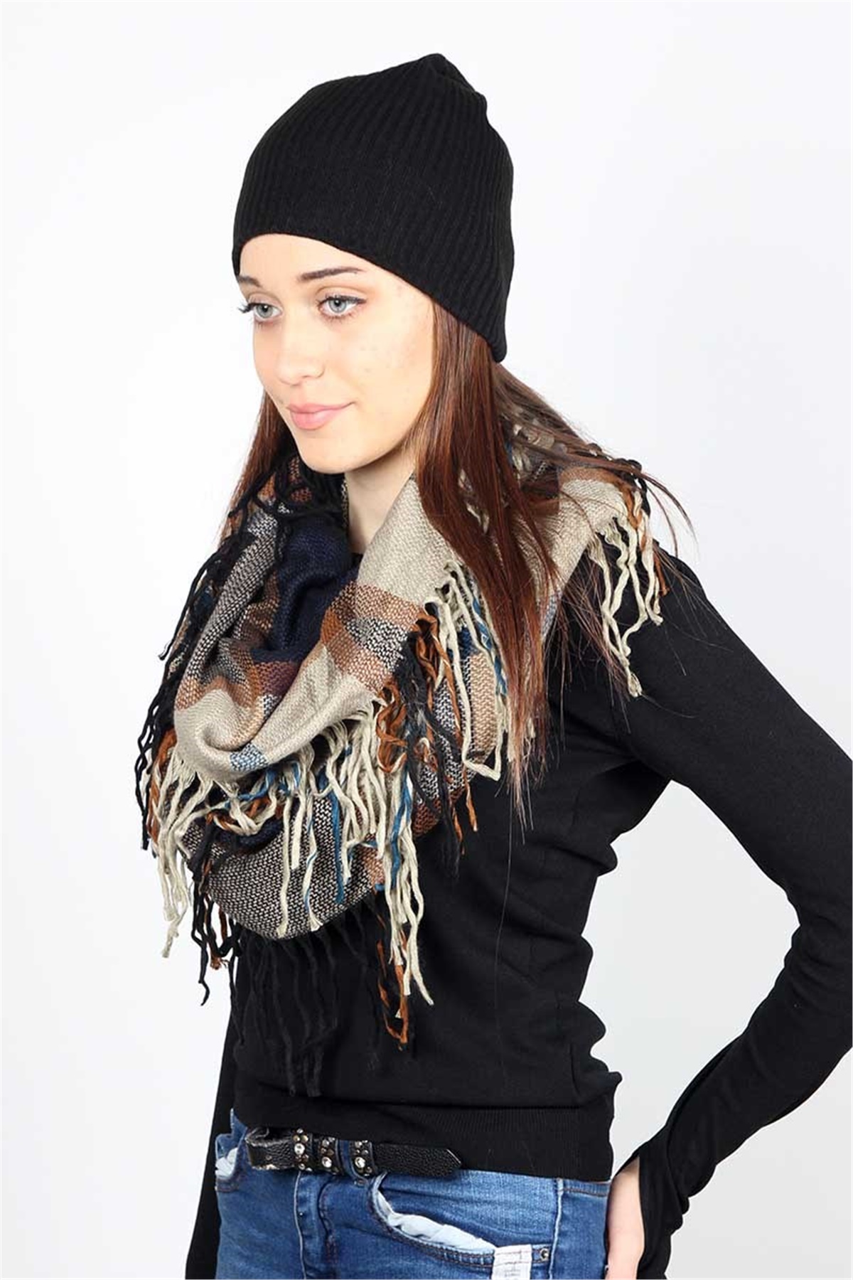 Yeni Sezon Geniş Ekose Tarzı Zara Boyunluk ZB556012 Bej