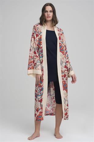 Bej Renkli Desenli Uzun Kimono HSM4048