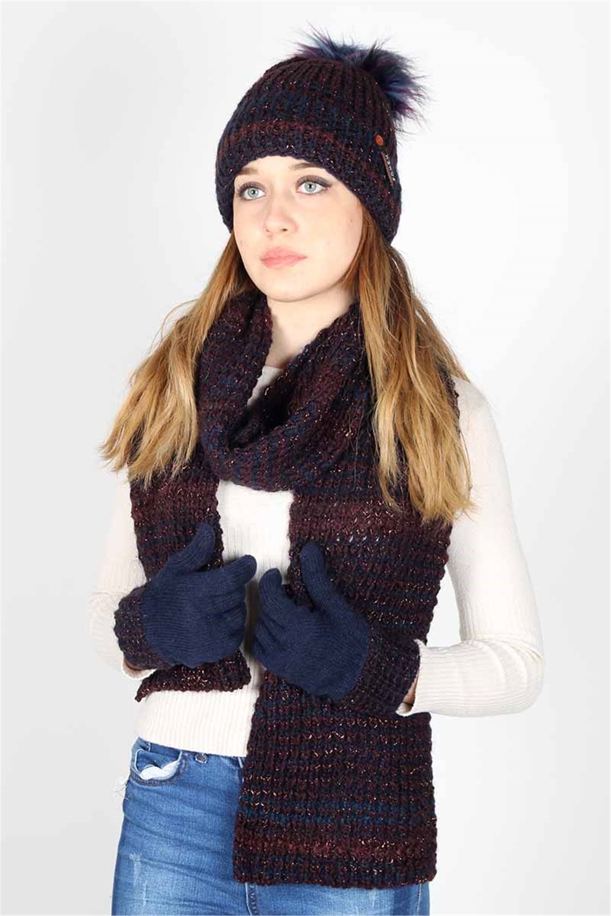  Bordo  Bayan Atkı Bere Eldiven Takımı 13076 -  Strong