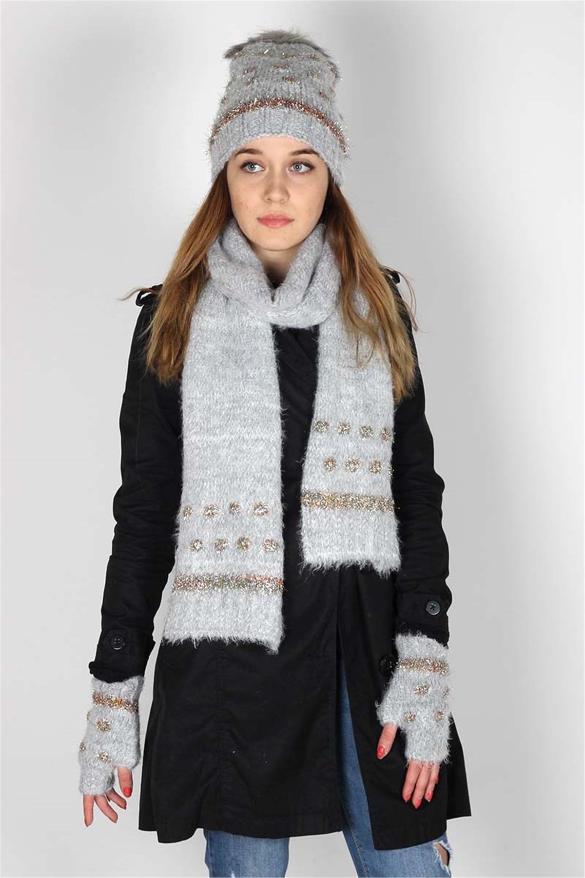  Exclusive Serisi Soft Kadın Atkı Bere Eldiven Takımı 30201 - Gri