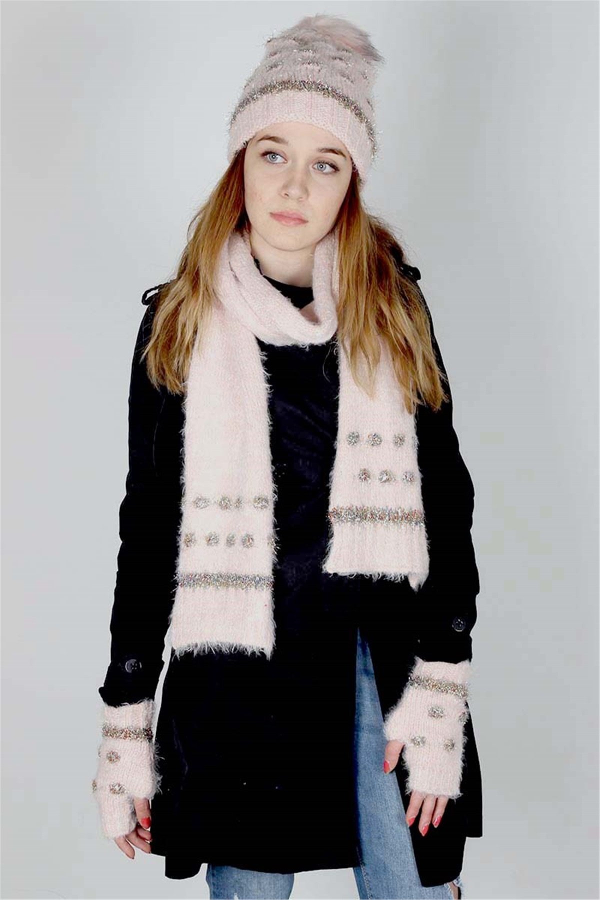  Exclusive Serisi Soft Kadın Atkı Bere Eldiven Takımı 30201 - Pembe