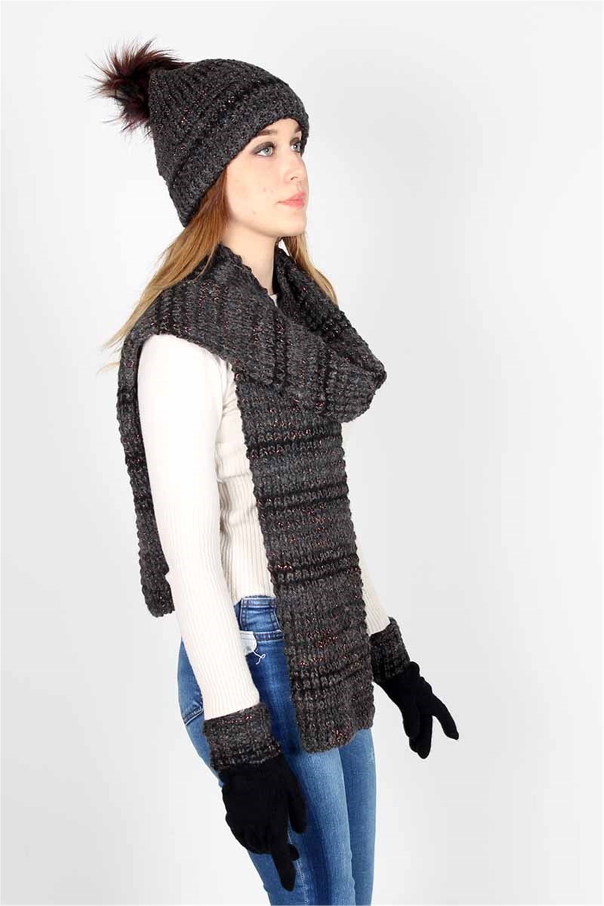  Strong Siyah  Bayan Atkı Bere Eldiven Takımı 13076 