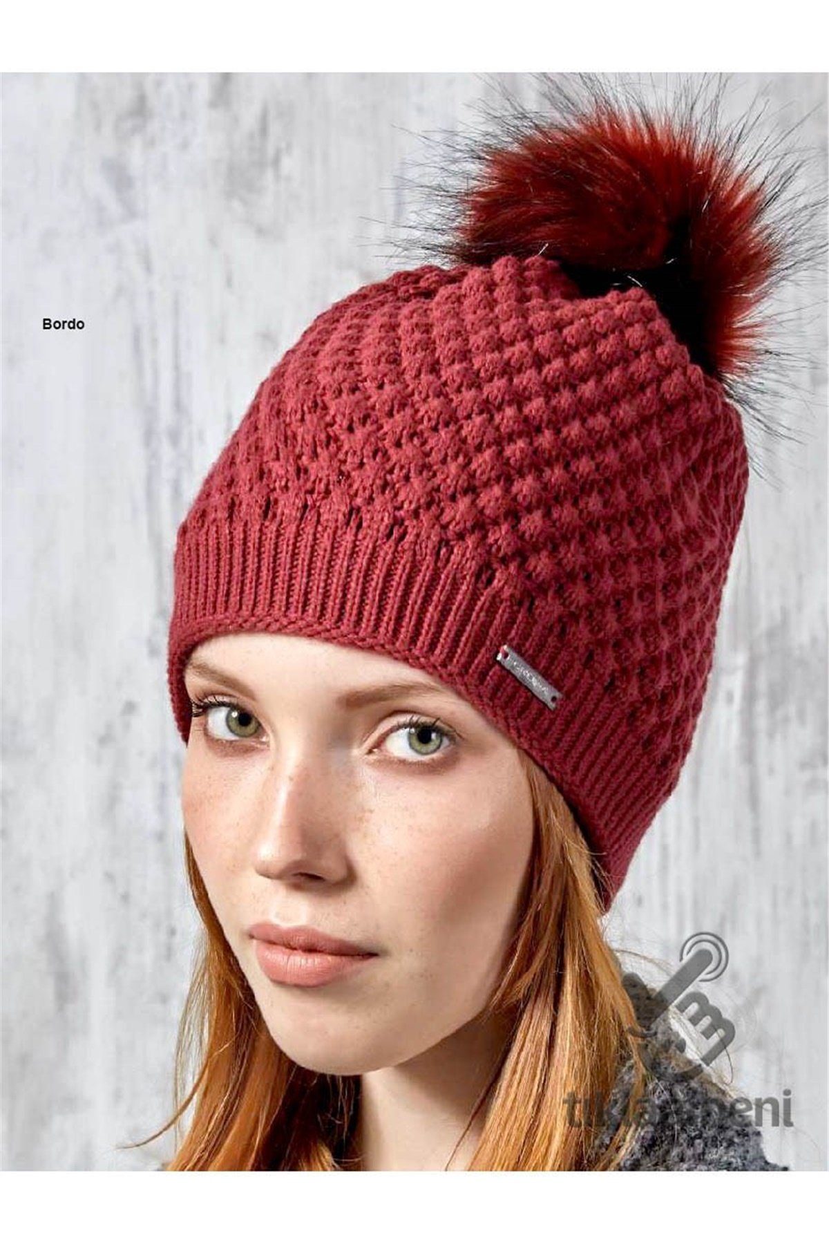 Ponponlu Kabartma Desenli Bayan Bere Groppa 51621 - Bordo