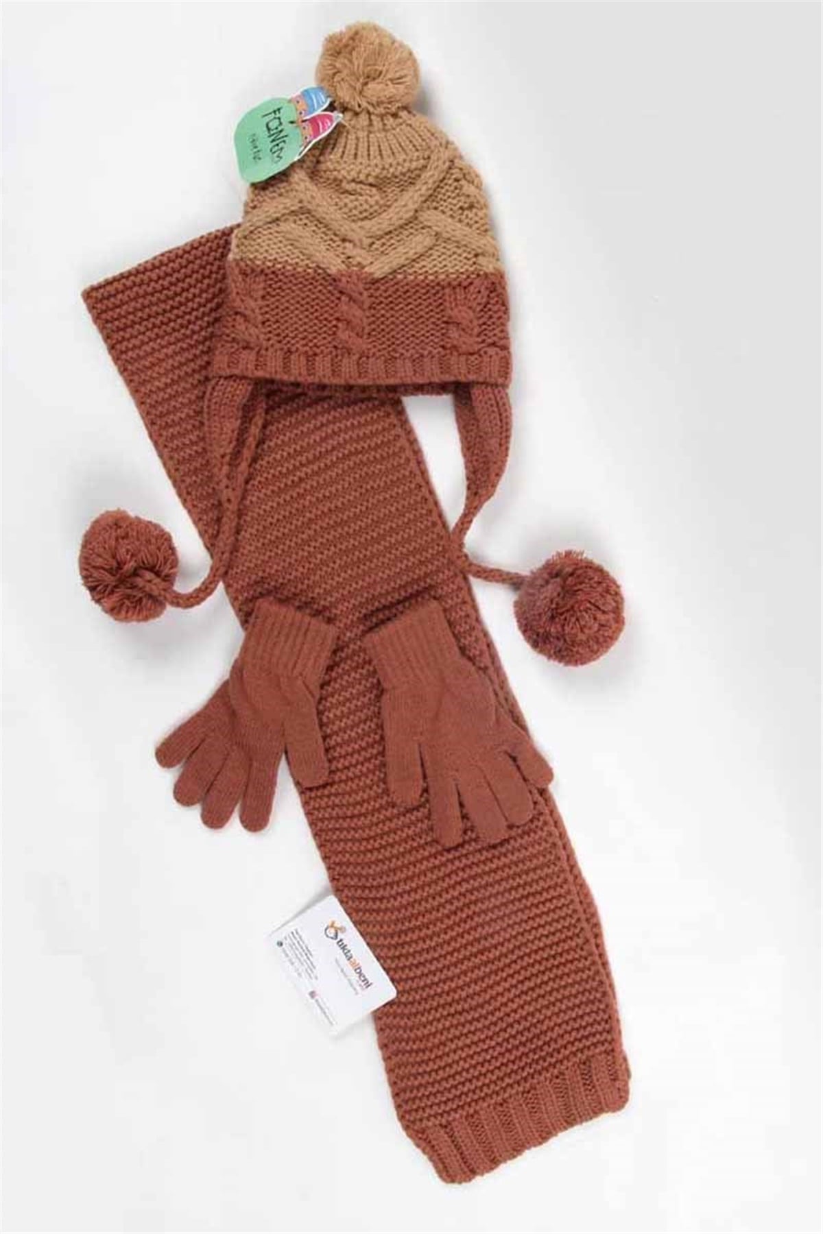 4-7 Yaş Kiremit Çocuk Atkı Bere Eldiven Seti 5110