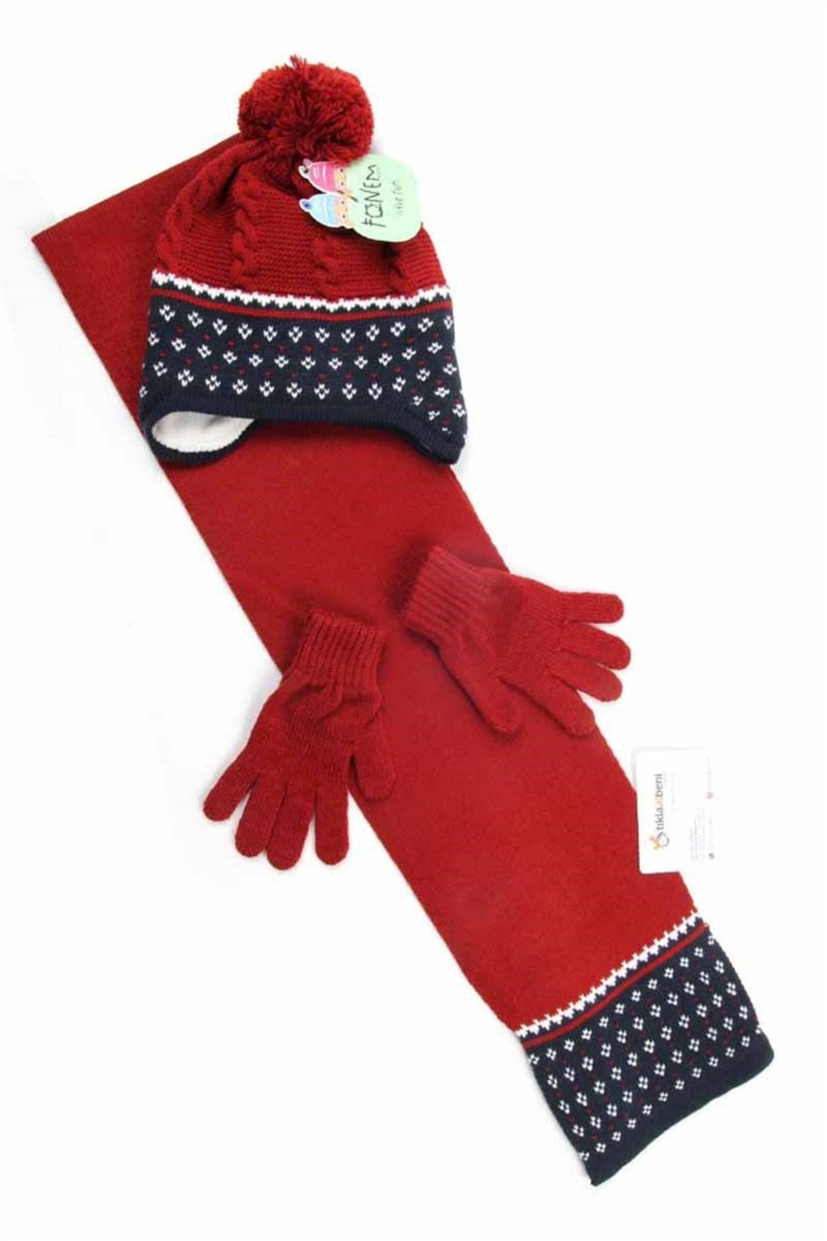 4-7 Yaş Unisex Çocuk Atkı Bere Eldiven Takımı 5096 - Bordo