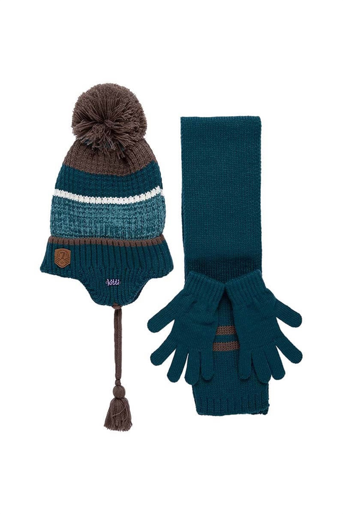 4-8 Yaş Erkek Çocuk Atkı Bere Eldiven Takımı Petrol Mavi - K9947