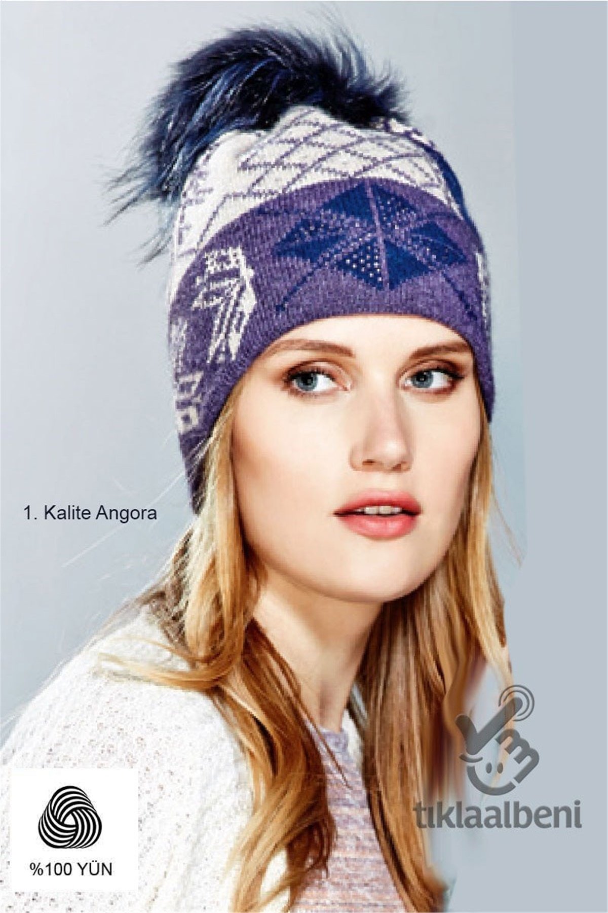 Yün Bere, Kürk Ponponlu Taşlı Bayan Bere  - Hanna 12381 Mor