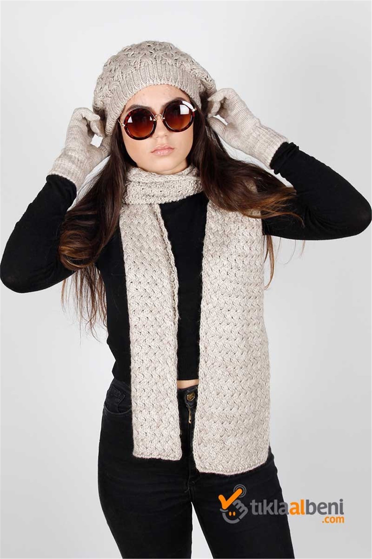 Ada Kadın Atkı Bere Eldiven Takımı GT-502 Bej