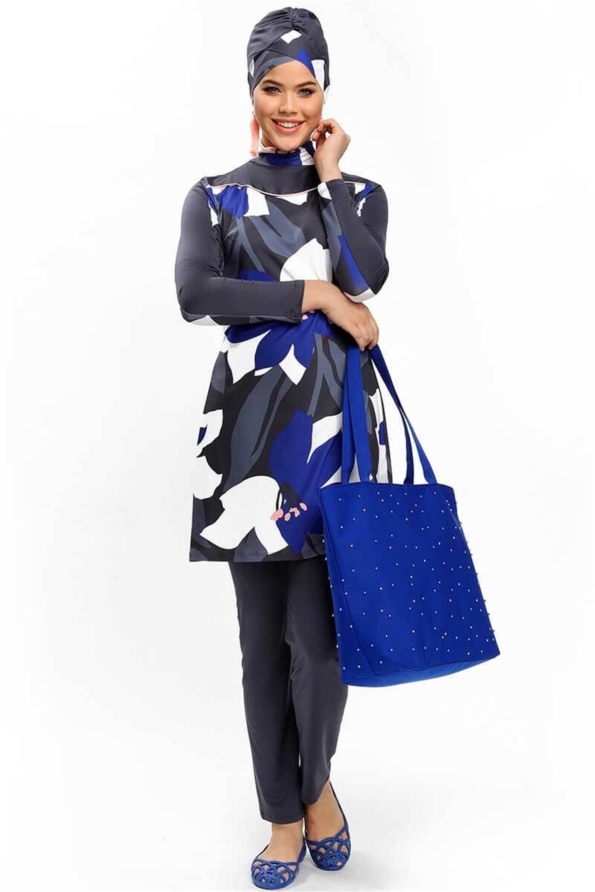 Antrasit, Saks Beyaz Tasarım Tesettür Mayo 192031 Antrasit