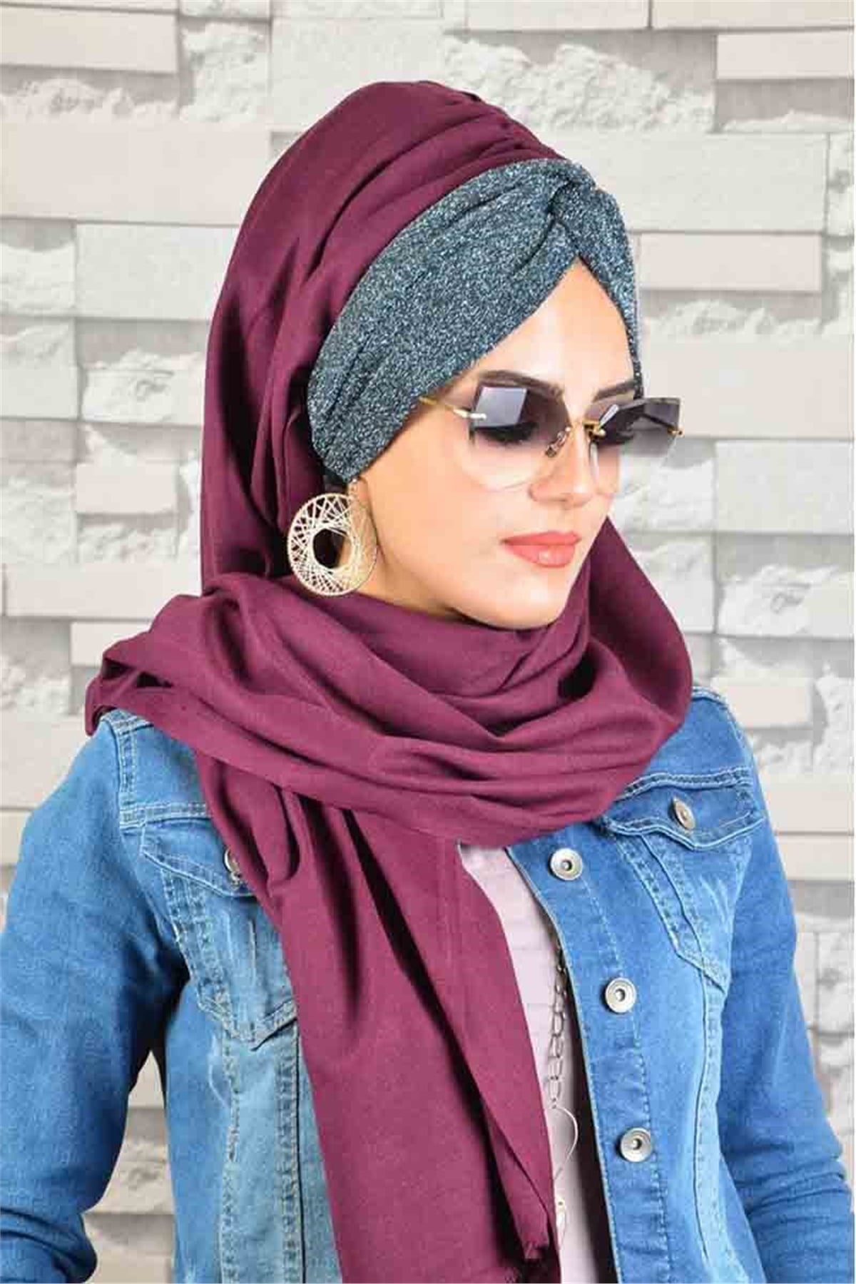 Antrasit Vişne Simli Burgu Bandana Hazır Şal bnd3080
