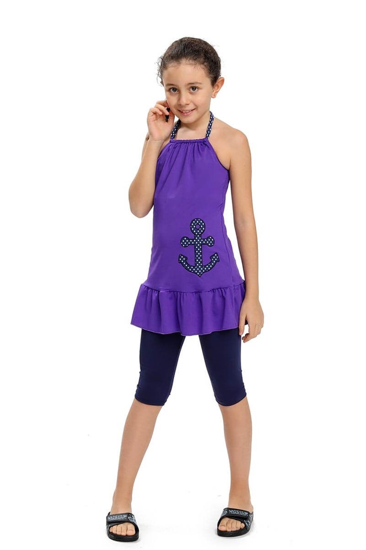 Askılı Taytlı Etekli Kız Çocuk Mayosu 190511 Mor
