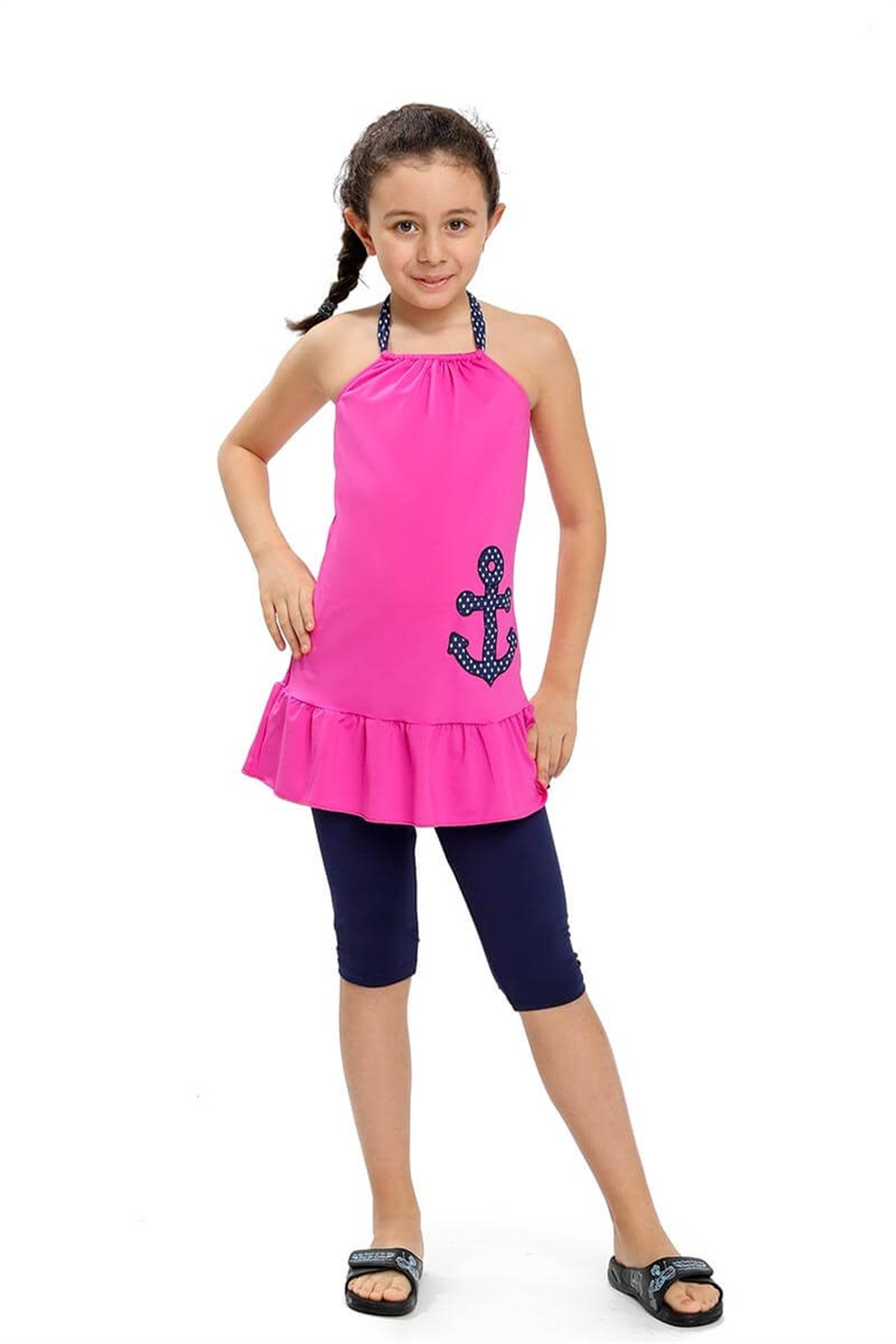 Askılı Taytlı Etekli Kız Çocuk Mayosu 190511 Fuşya
