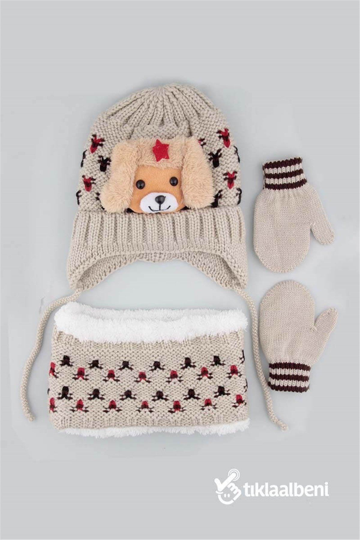 Ayıcıklı Bebek Bere Boyunluk Eldiven Takım SV-55604 - Bej