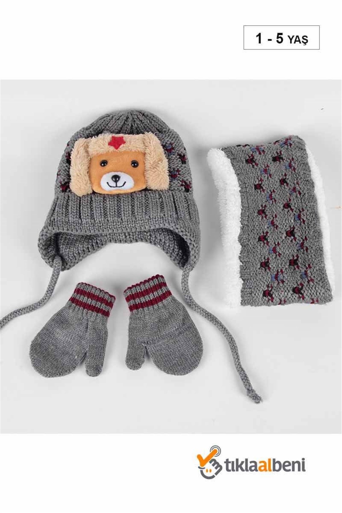 Ayıcıklı Erkek Bebek Bere Boyunluk Eldiven Takım SV-55604