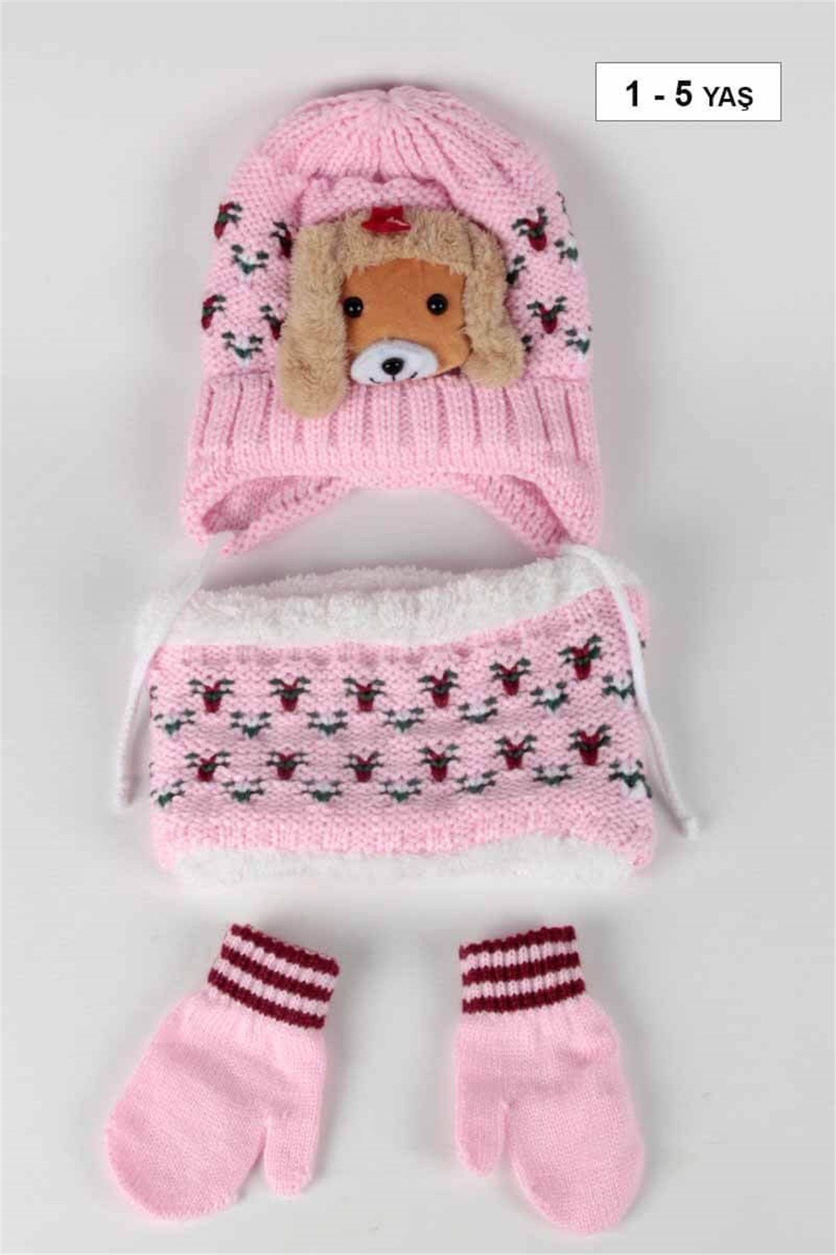 Ayıcıklı Kız Bebek Bere Boyunluk Eldiven Takım SV-55604 Pembe