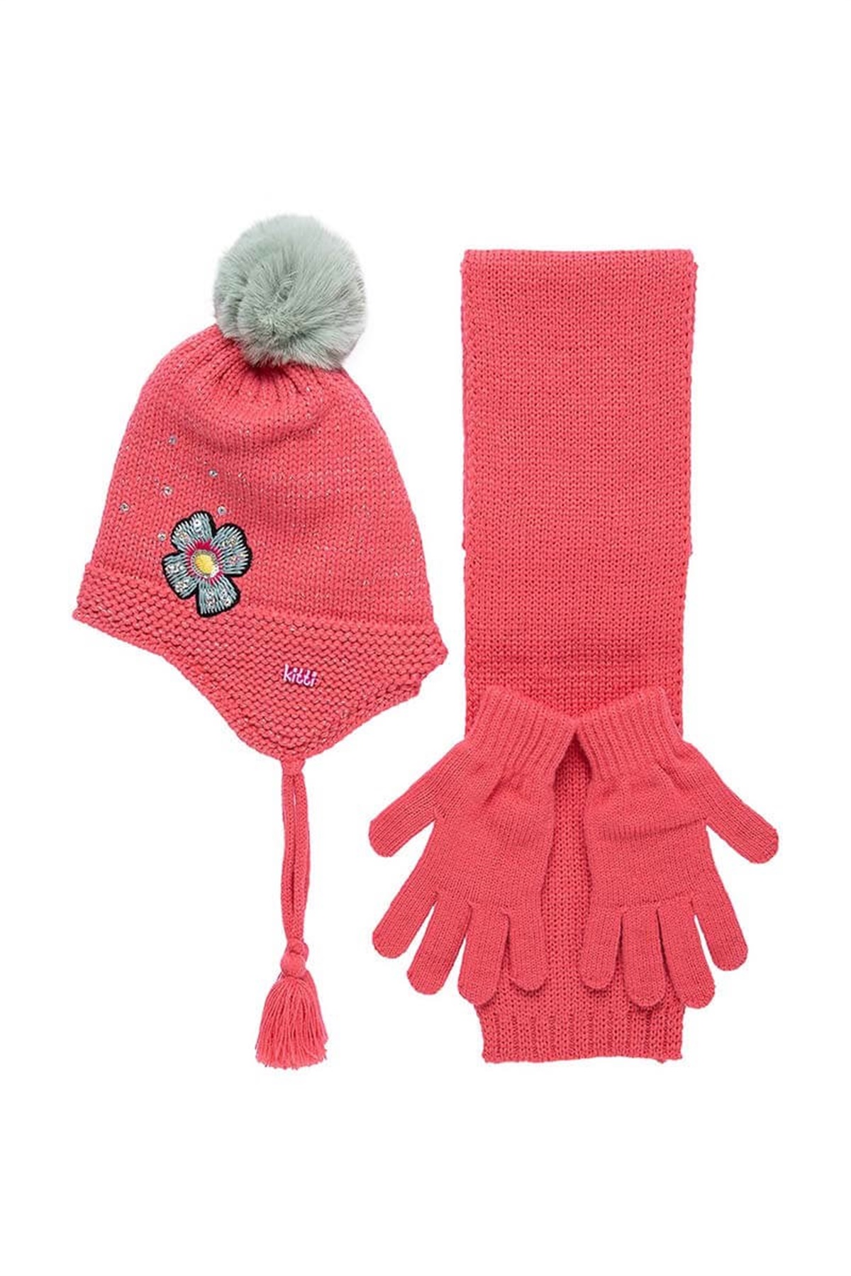 Bağlamalı Kız Çocuk Atkı Bere Eldiven Takımı Pembe - K9942