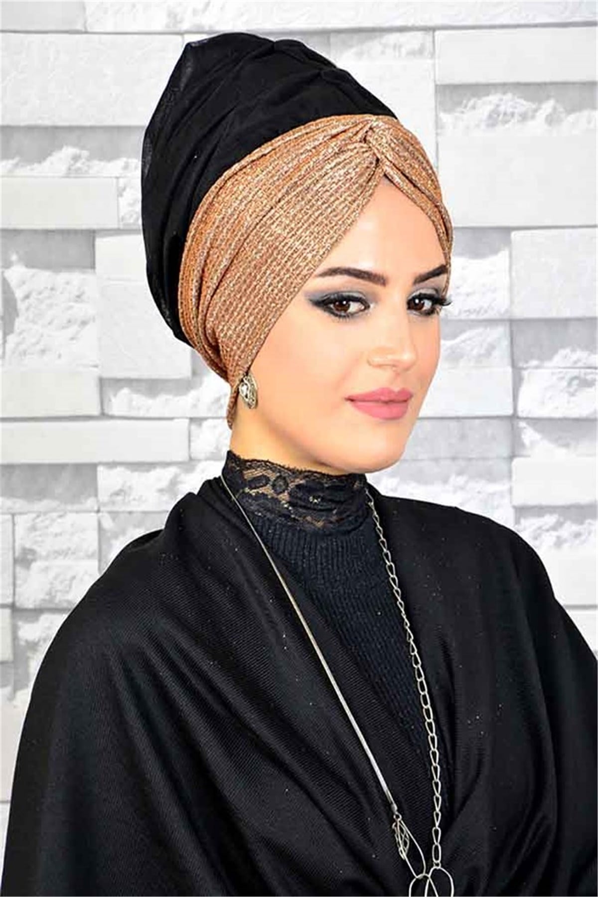 Bakır Siyah Tesettür Abiye Bone Şal hz010