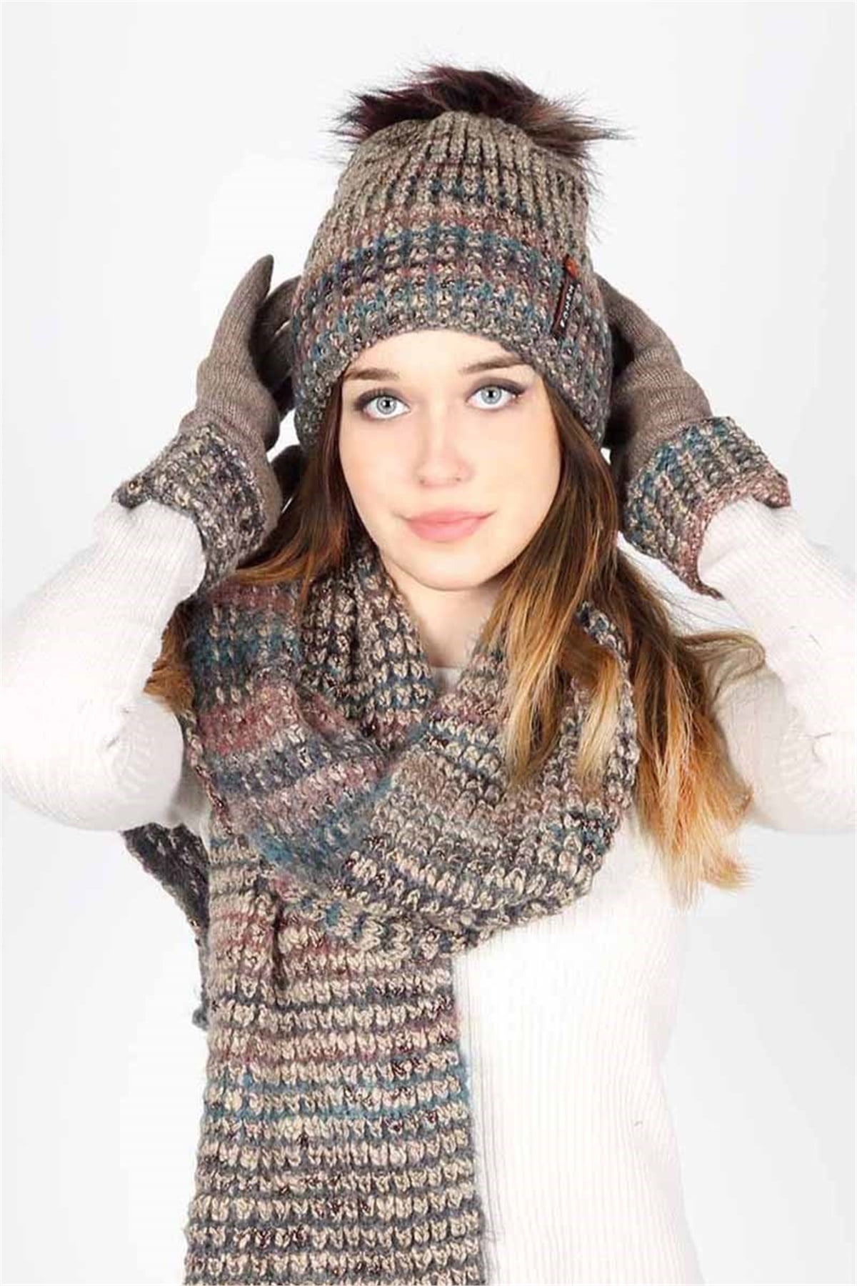 Bayan Atkı Bere Eldiven Takımı 13076 -  Strong Bej