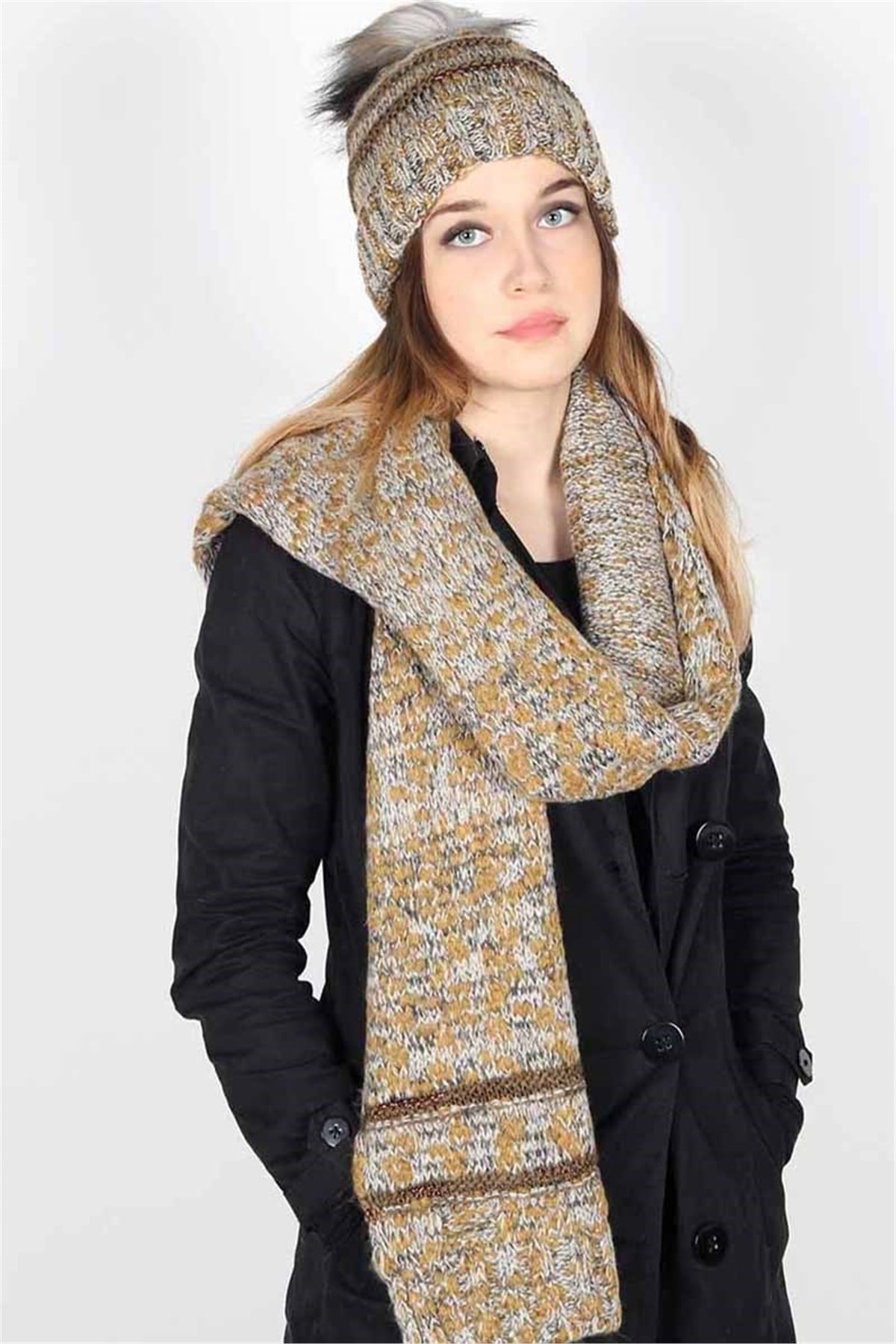 Bayan Atkı Bere Seti Style  13579 - Bej