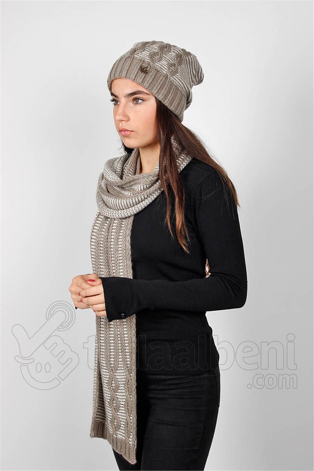 Bayan Atkı Bere Takımı - Olga 13564 Bej