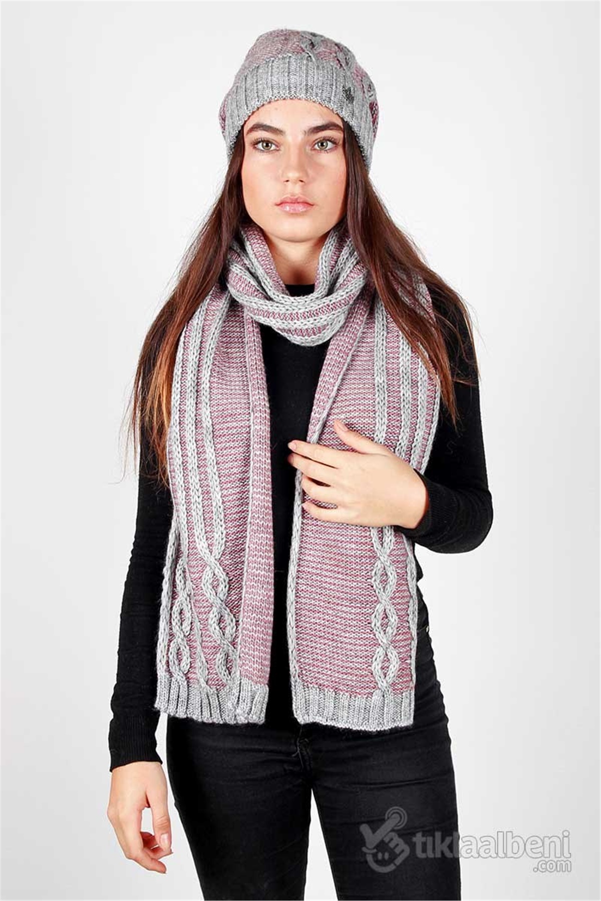 Bayan Atkı Bere Takımı - Olga 13564 Gri