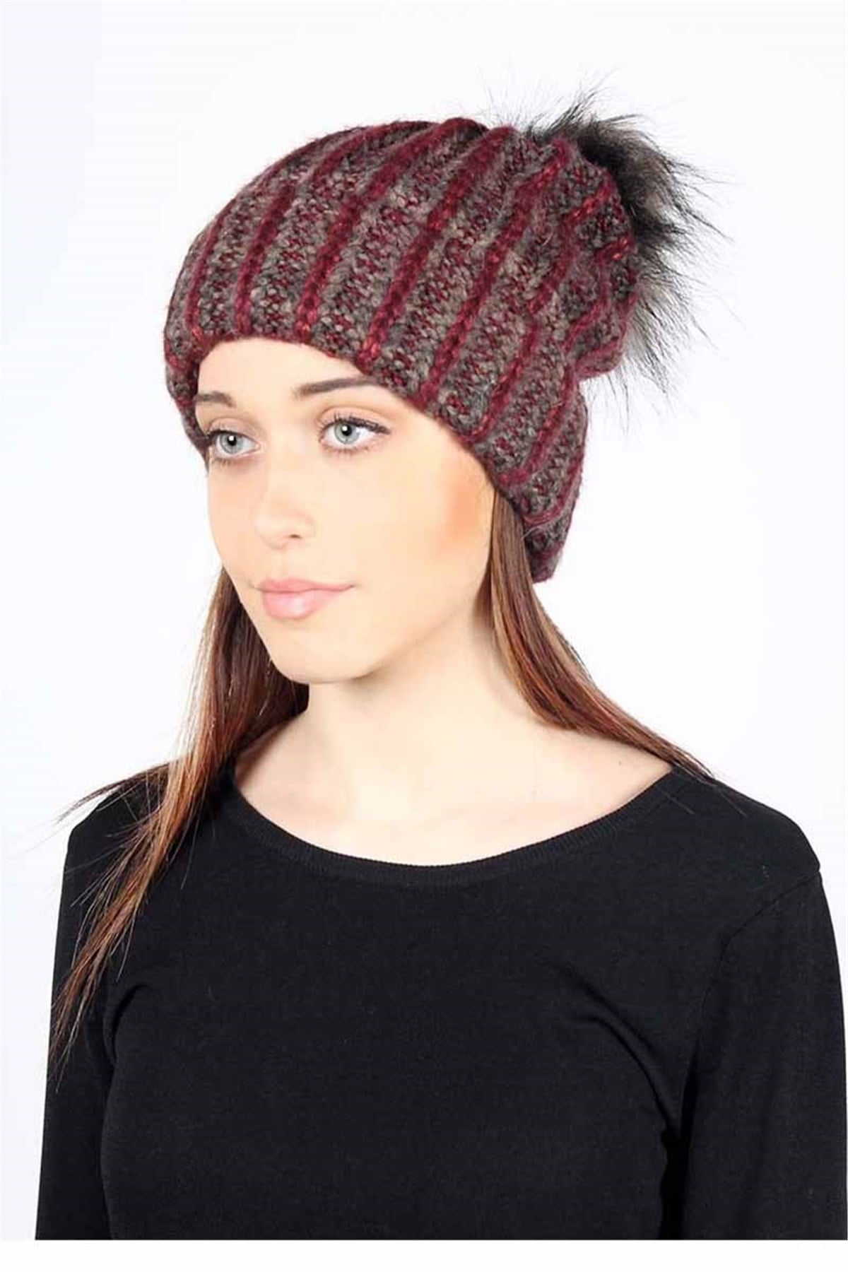 Bayan Kalın Ponponlu Örgü Bere Fonem BB12440 Bordo