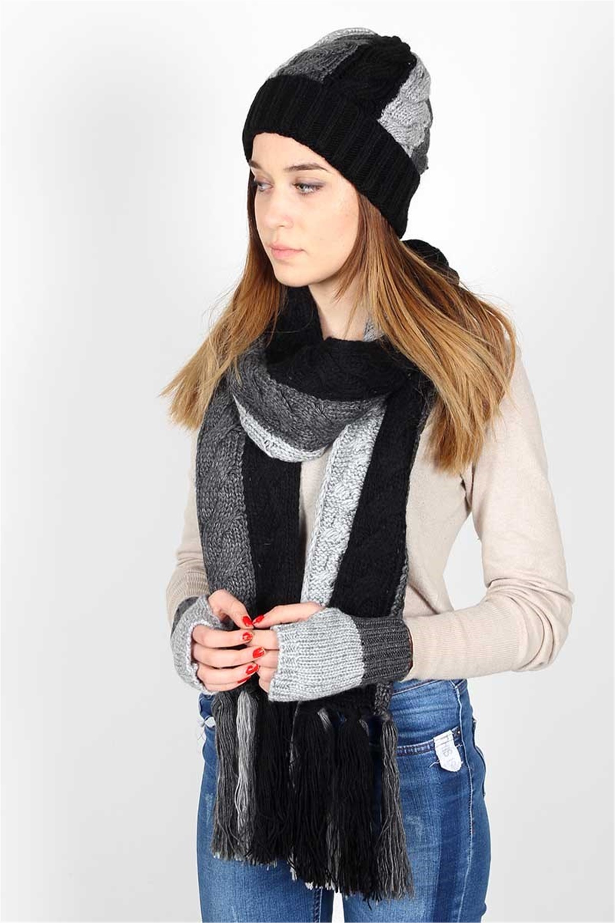 Bayan Üçlü Atkı Bere Eldiven Takımı 13032 - Siyah