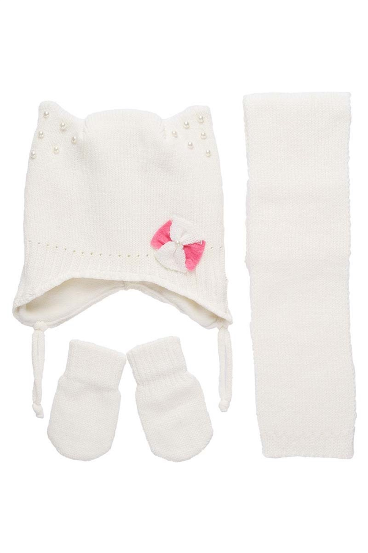 Bebek Atkı Bere Eldiven Takımı - Beyaz - K9900
