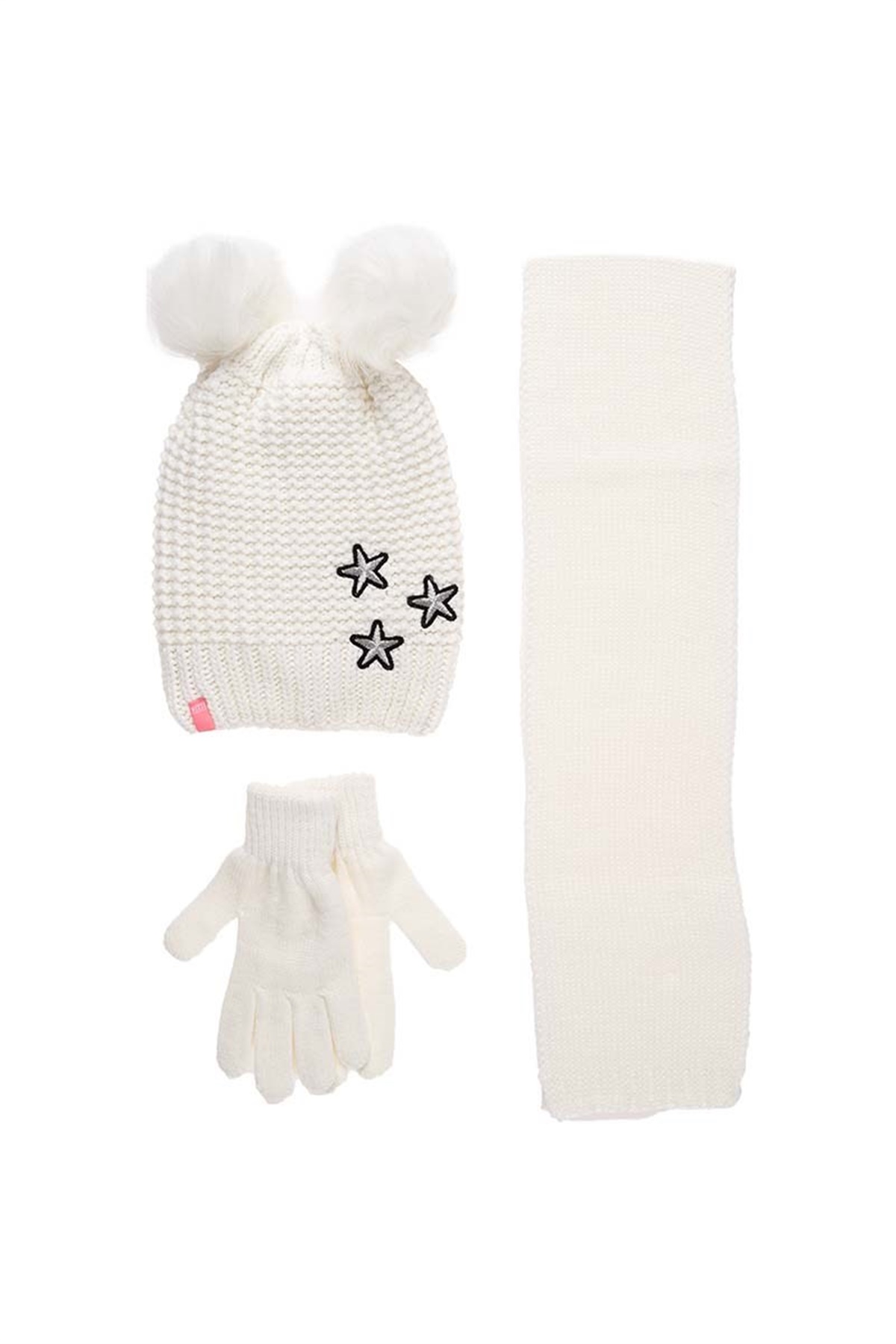 Beyaz Çift Ponponlu Kız Çocuk Atkı Bere Eldiven Takımı - K9960
