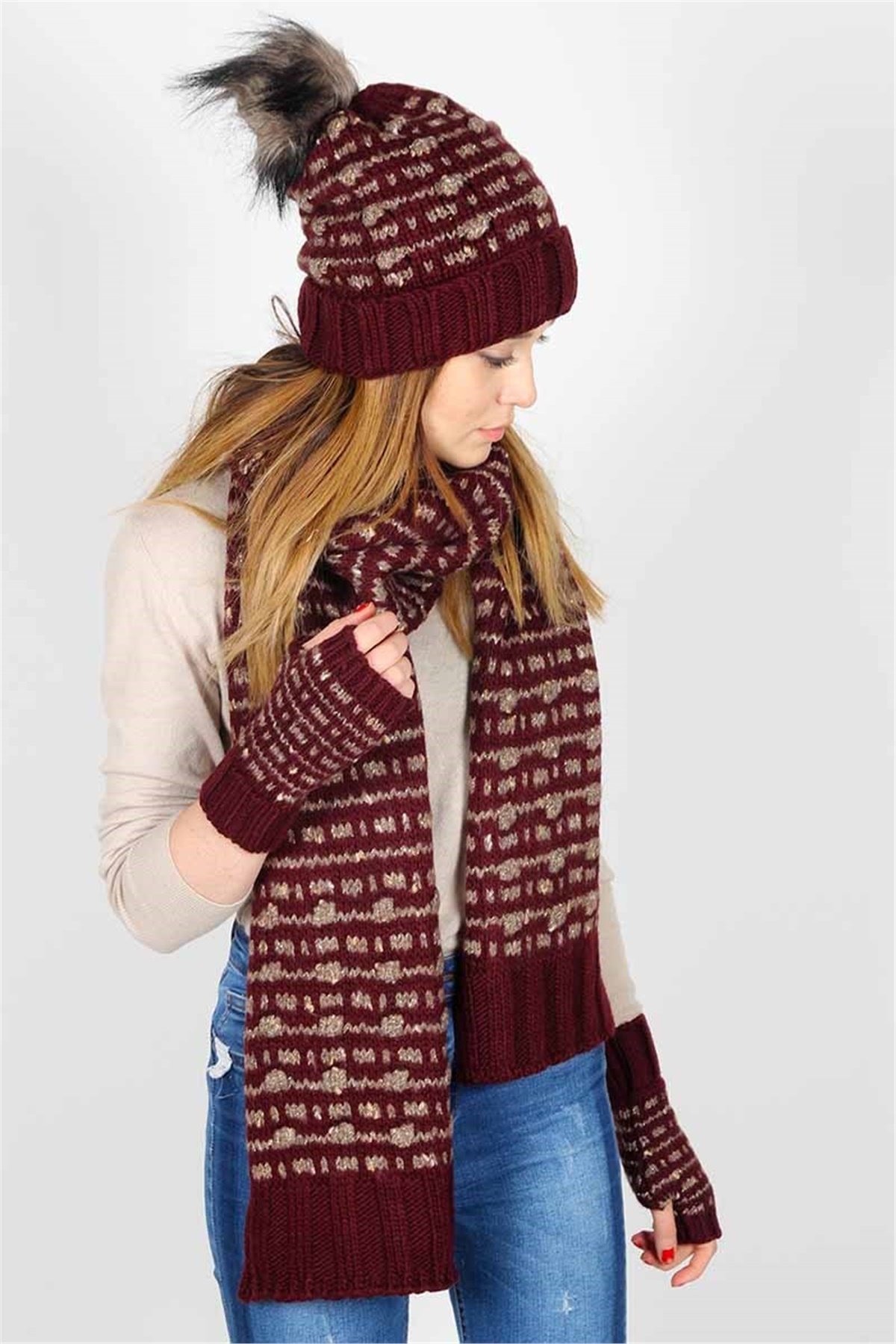 Bordo Bayan Atkı Bere Eldiven Takımı 13068