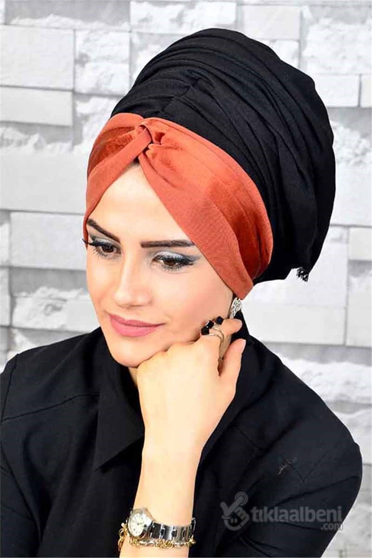 Burgu Bandana Kiremit Siyah Bone Hazır Şal bnd3031