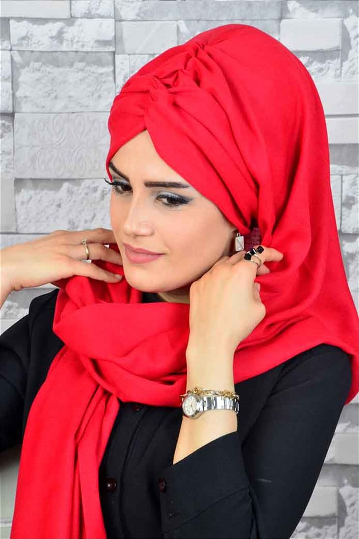 Burgu Bandana Kırmızı Bone Hazır Şal bnd3020
