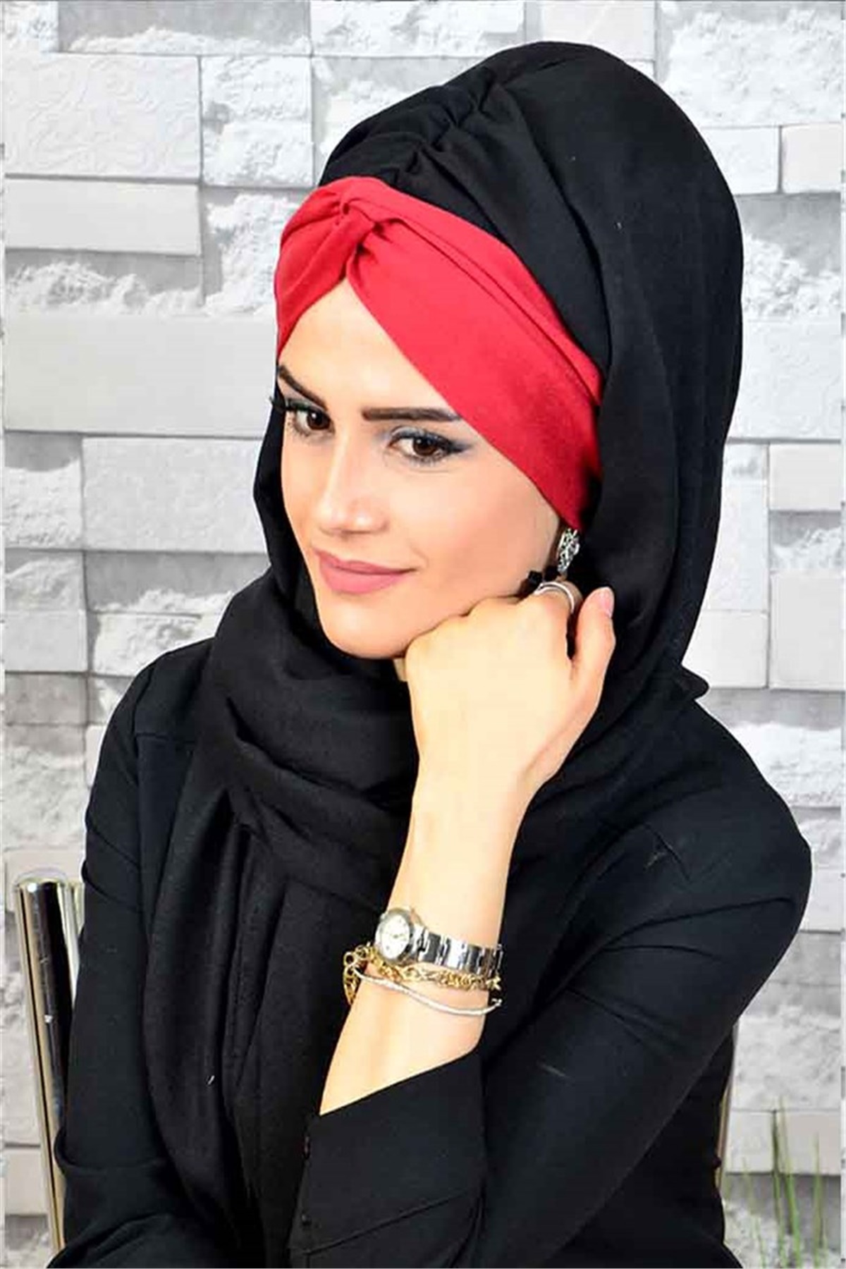 Burgu Bandana Kırmızı Siyah Bone Hazır Şal bnd3033